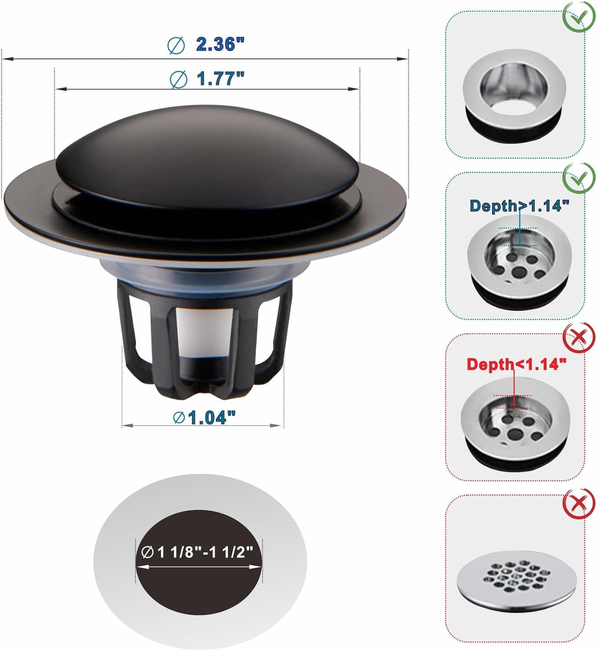 Bathroom Sink Drain Stopper,Welsan Universal Pop Up Drain Strainer with Hair Catcher for 1 1/8"-1 1/2" Drain Hole,Anti-Clogging Filter Matte Black
