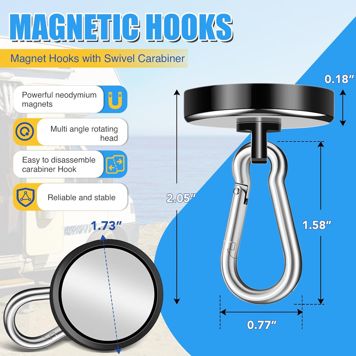 200Lbs Magnetic Carabiner Hooks, 2 Pack Strong Magnetic Hooks Heavy Duty with Swivel Carabiner for Cruise, Black Neodymium Magnet Hooks Magnetic Wall Hanger for Hanging, Toolbox, Grill, Cabins
