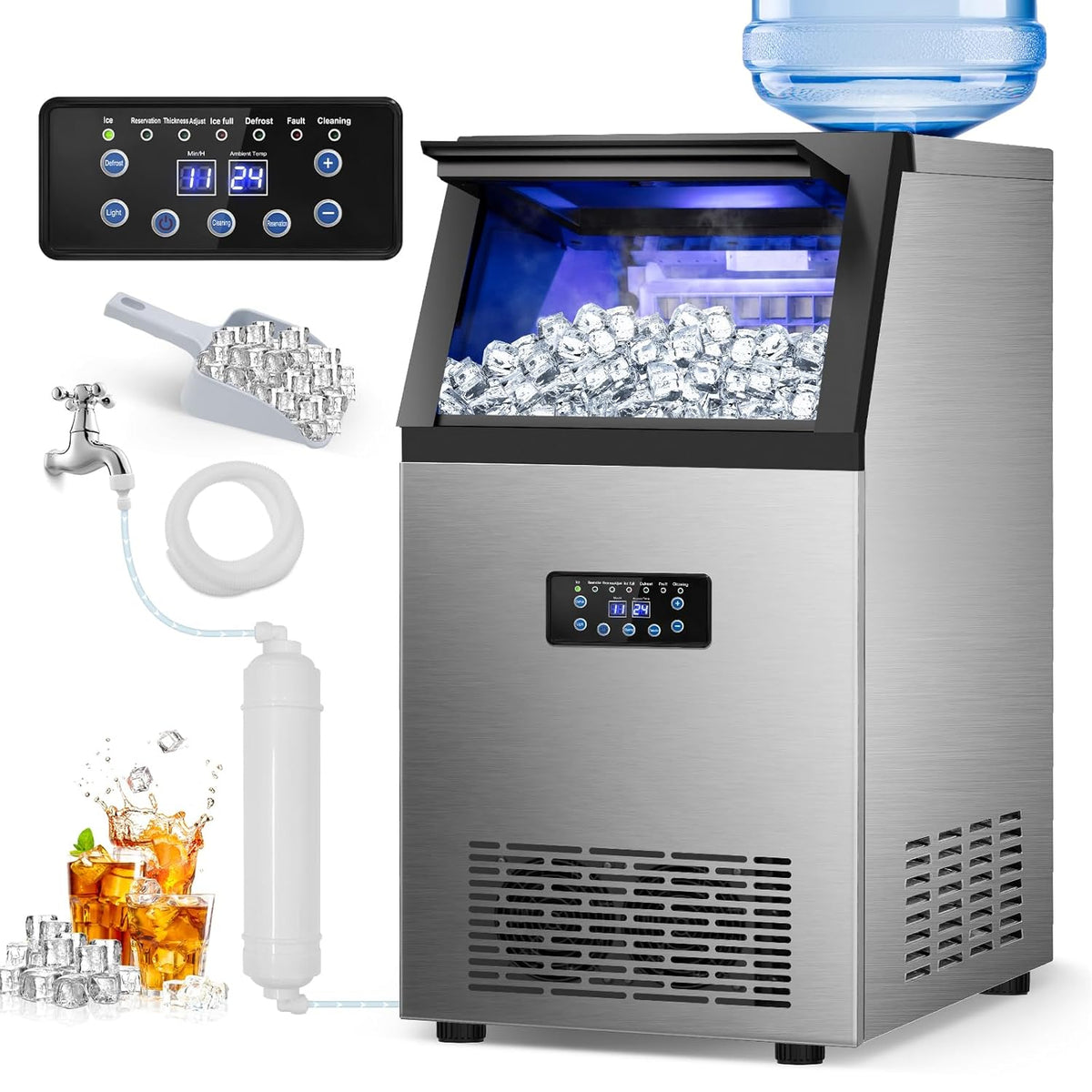Commercial Ice Maker Machine, 120Lbs/24H with 30Lbs Storage Bin, 40Pcs Ice Cubes 6Mins, 2-Way Add Water Under Counter Freestanding Ice Maker Commercial for Home Bar Office