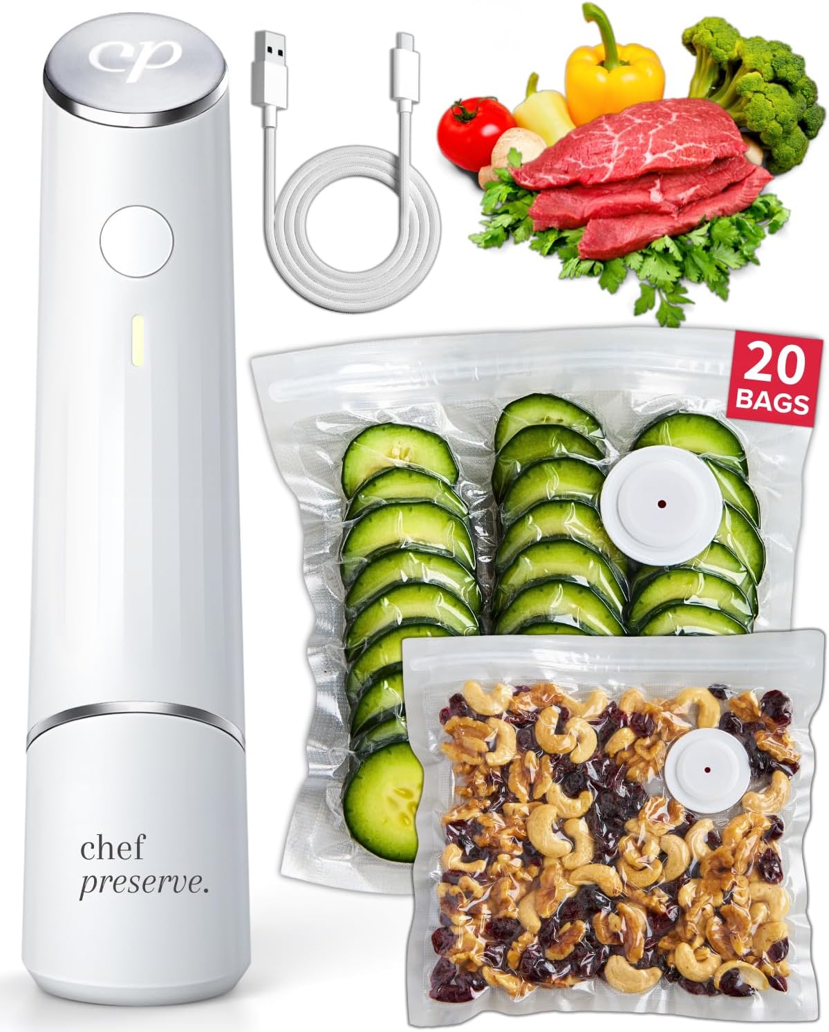 Chef Preserve Compact Vacuum Sealer for Food (Vacuum Sealer Machine + 20 Reusable Vacuum Bags) Powerful Handheld Vacuum Sealer Machine, Seal Meal Saver, Portable Food Sealer