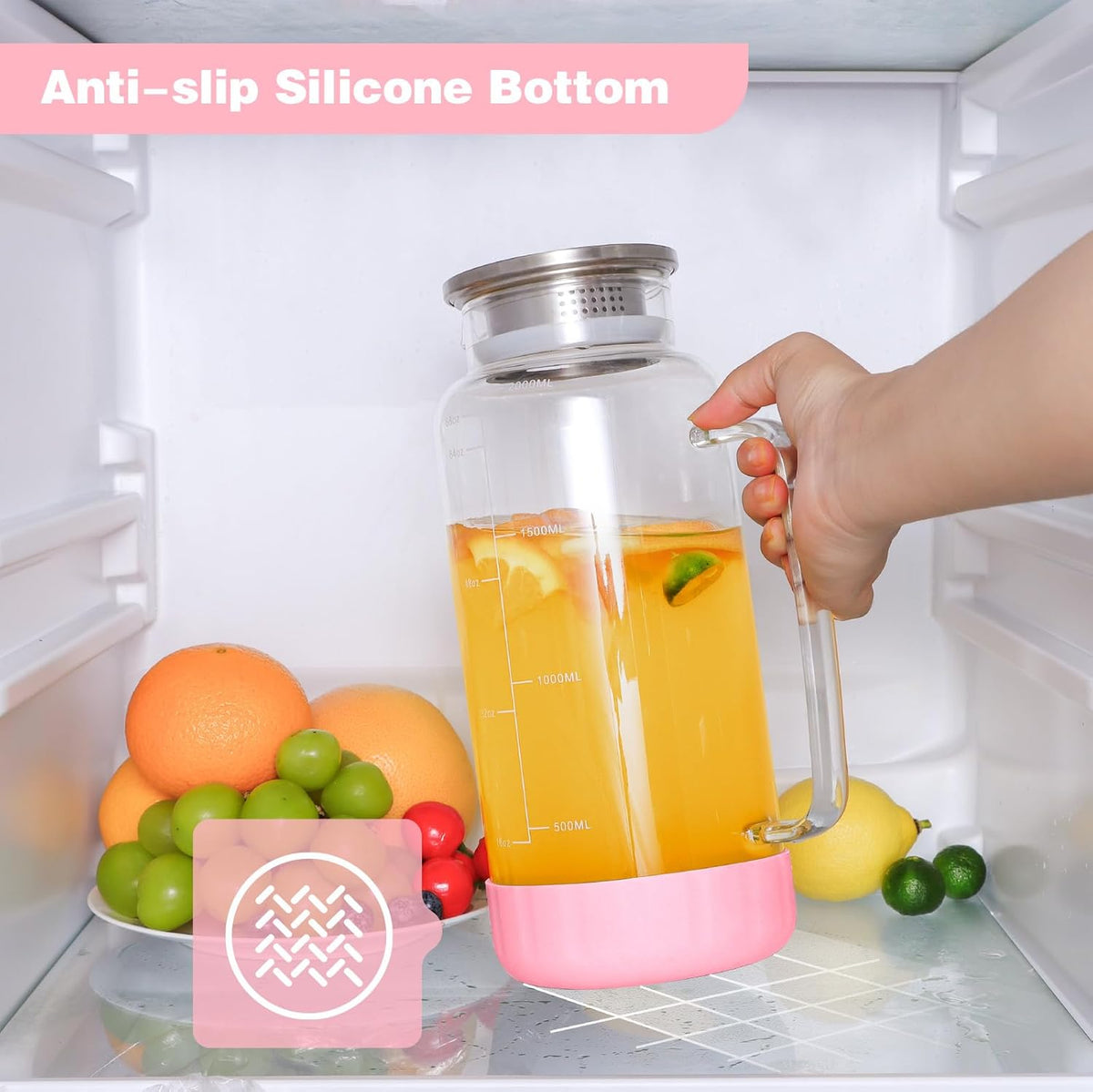 Aofmee 68oz Glass Pitcher with Lid, 2 Liter Water Carafe with Silicone Base and Precise Scale Line, Ice Tea Pitcher for Fridge, Anti-Slip Glass Jug for Sun Tea Juice Coffee Milk Beverage (Pink)