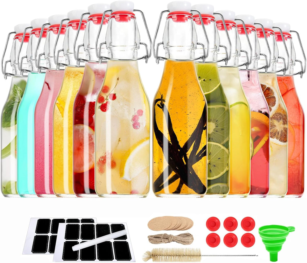 Ruckae 12 Pack 8.5 OZ Swing Top Glass Bottles with Lids Kombucha Coquito Flip Top Glass Bottle for Syrup Vanilla Extract Brew Beer Kefir Air Tight Bottles for Gift (8.5 oz 12 pack)