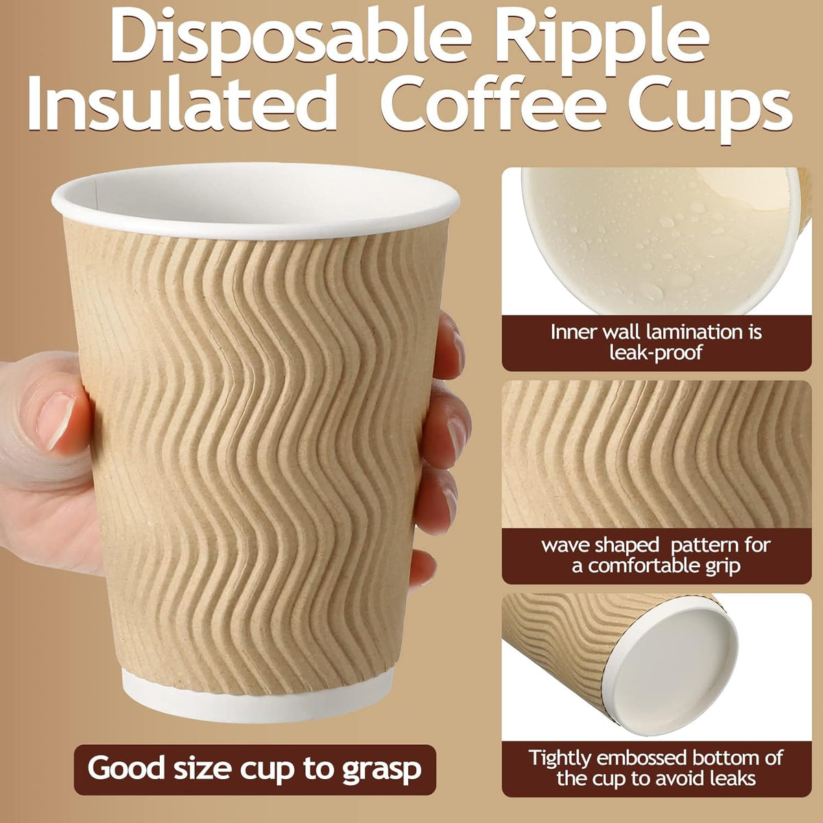 Foaincore 150 Pack 12 oz Paper Cups Bulk Disposable Ripple Insulated Ripple Wall Paper Coffee Kraft Hot Beverage Coffee Cups for Hot Beverage Cold Drinks Party