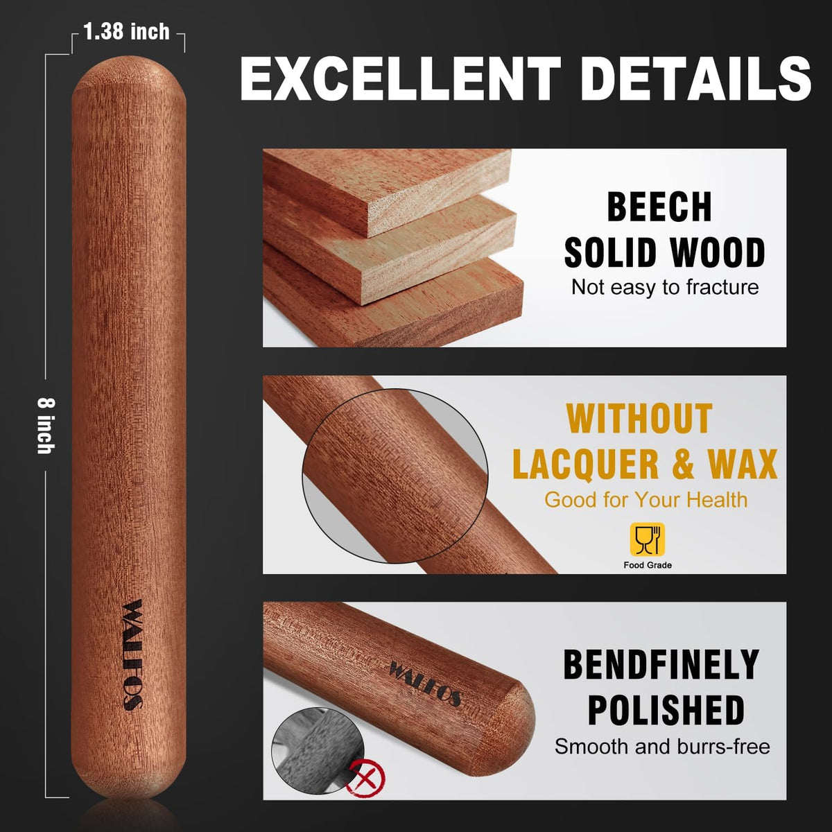 Walfos Mini Rolling Pin Set - Small Natural Wooden Rolling Pins (8inch) With Non-stick Silicone Fiber Baking Mat, Baking Dough Roller for Pizza, Pie, Pasta, Bread, Pastry