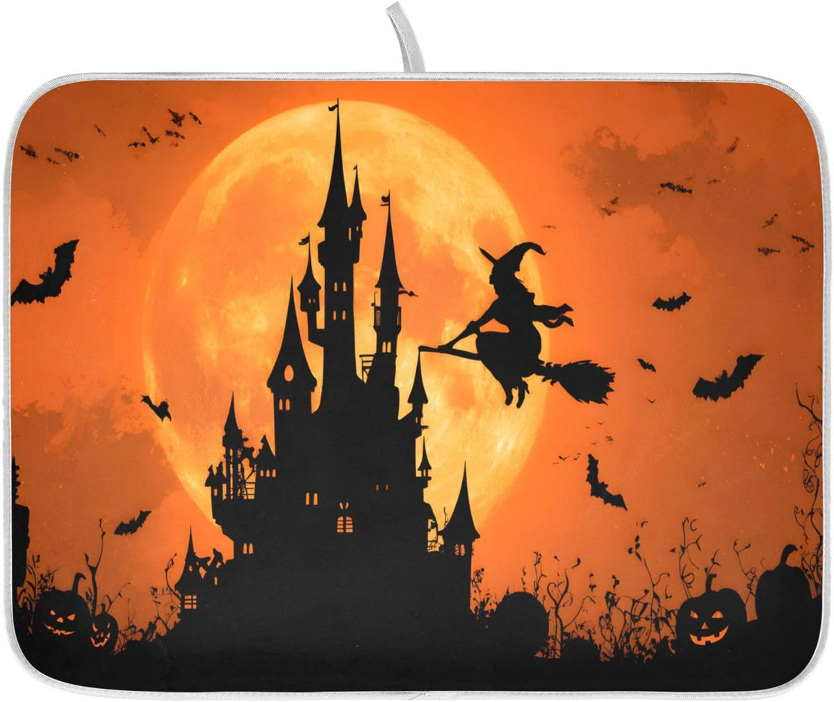 Halloween Witch Bat Castle Pumpkin Dish Drying Mat for Kitchen Counter Absorbent Microfiber Large Drying Pad Dish mats for Kitchen Countertops 18 x 24 Inch