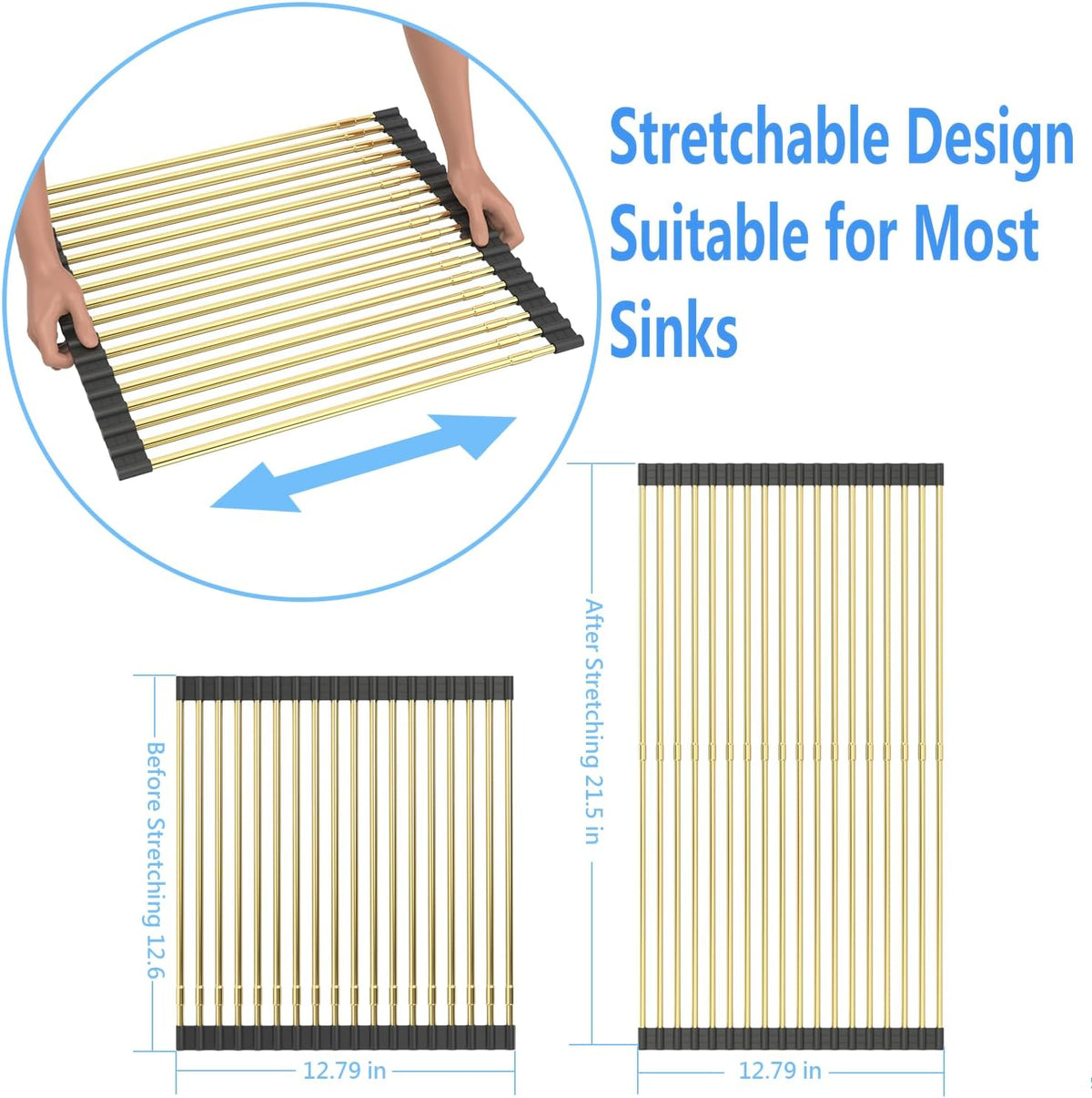 Expandable Large Draining Rack, Roll Up Heat-Resistant Dish Drainer for Stainless Steel Sinks, Collapsible Over The Sink Rack Non-Slip Silicone Rolling Up Rack Gold 18 Tube