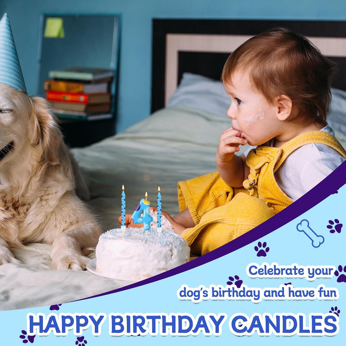 13PCS Blue Dog Paw Birthday Candles Set Cake Topper Numeral Birthday Candles for Boy Girl Dog Paw Decoration(Number 4)