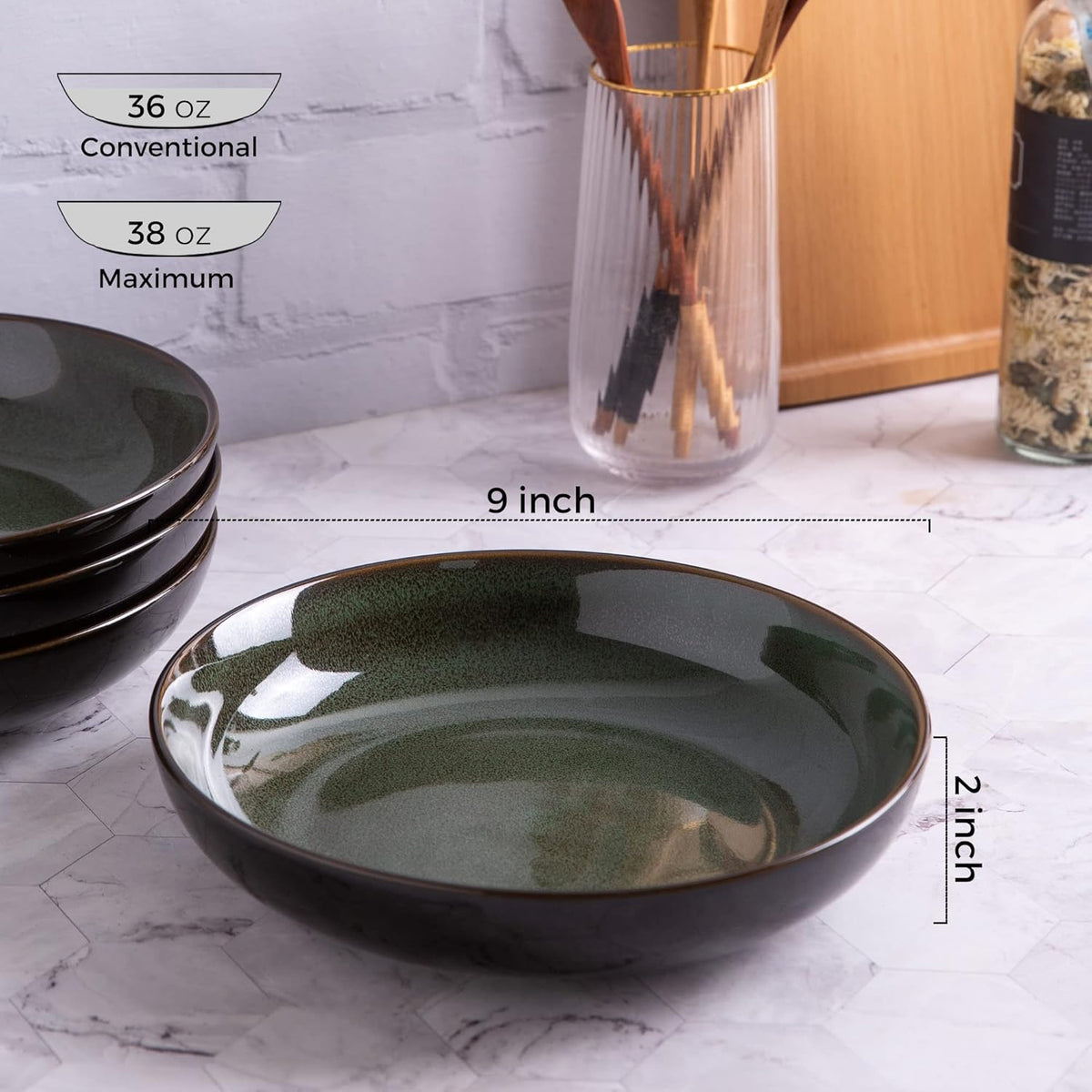 LERATIO 9.0" Pasta Bowls,38oz Ceramic Pasta Bowls,Reactive Glaze Pasta Bowl Set of 4,Microwave & Dishwasher,Oven Safe,Large Wide Serving Bowls for Salad, Dessert,Scratch Resistant-Green