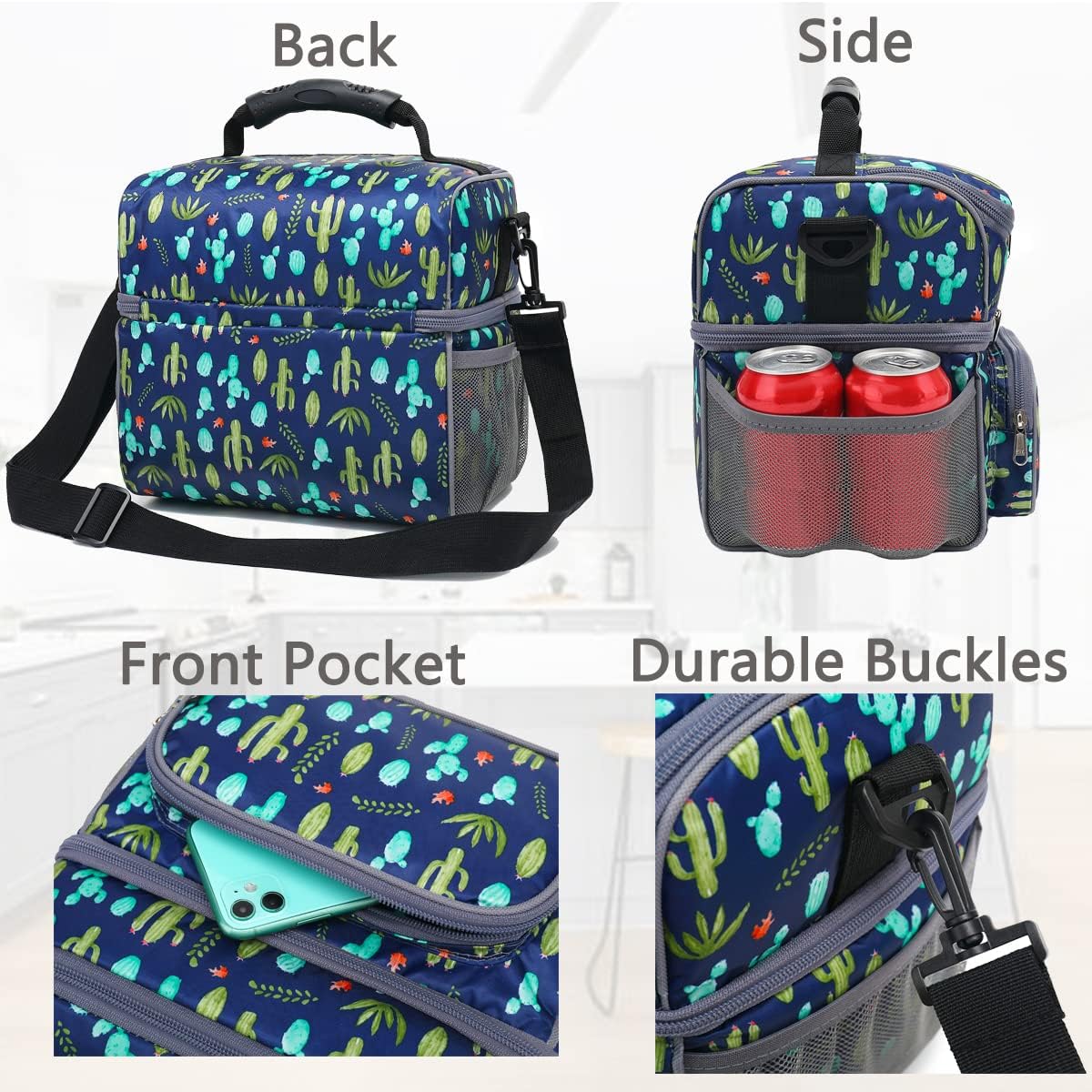 FlowFly Double Layer Cooler Insulated Lunch Bag Adult Lunch Box Large Tote Bag for Men, Women, With Adjustable Strap,Front Pocket and Dual Large Mesh Side Pockets