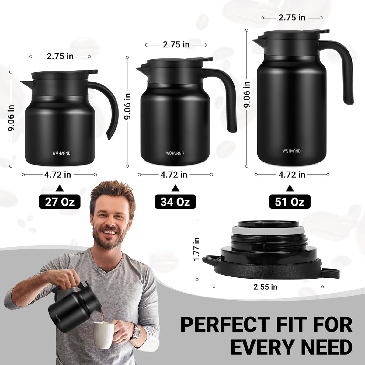 34Oz Thermal Coffee Carafes For Keeping Hot/Cold, Stainless Steel Coffee Carafe, Dustproof Insulated Water Carafe for Party/Home,Black