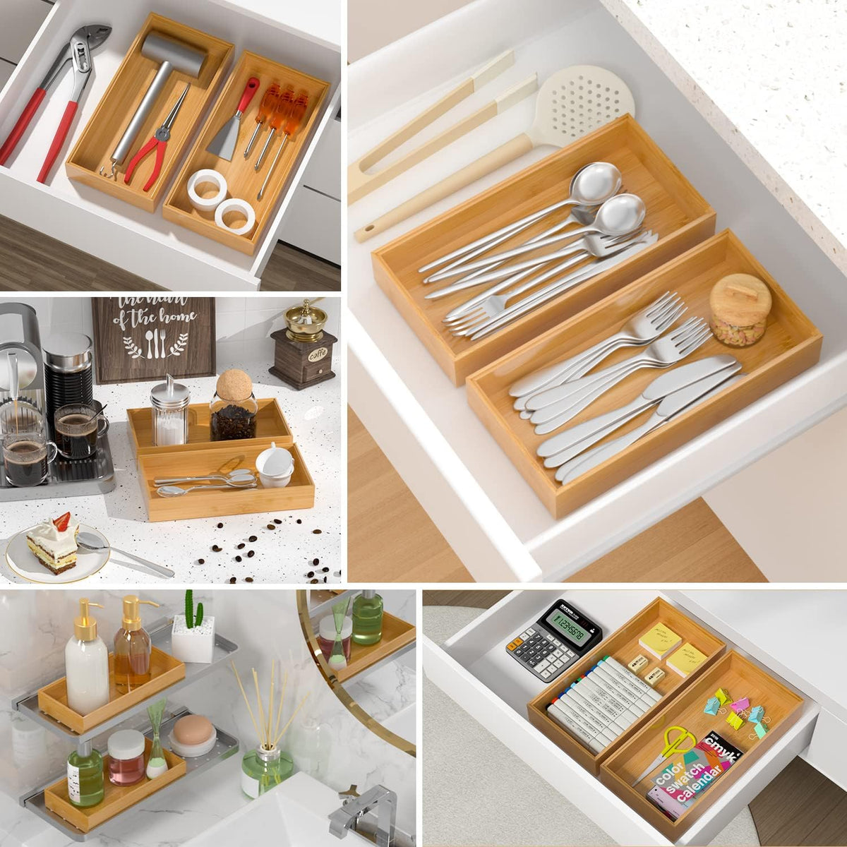 Silverware Tray for Drawer, Stackable Kitchen Bamboo Drawer Organizer 12" x 6" x 2" Set of 2