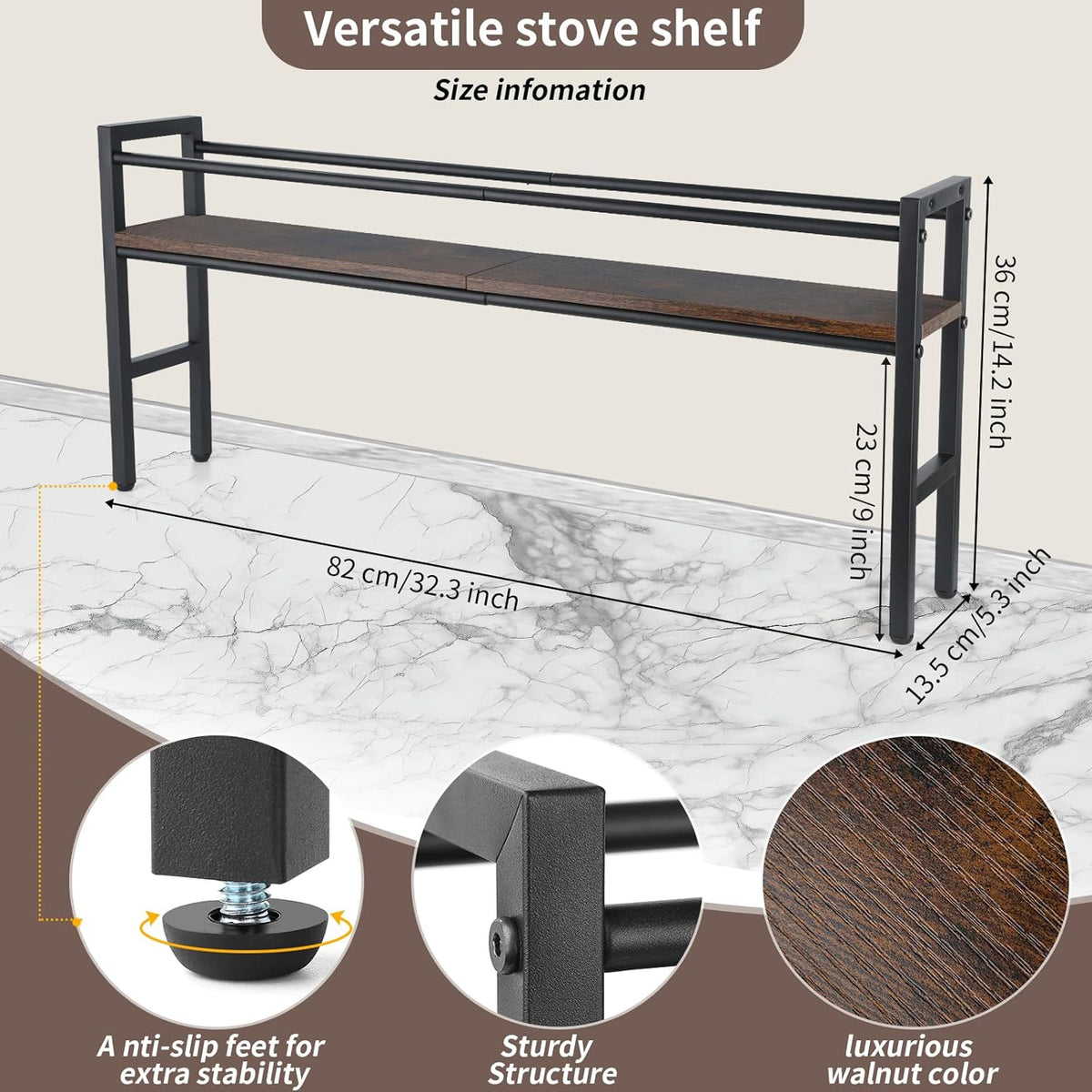 Meangood Spice Rack Shelf for Kitchen Stove, Over the Stove Shelf with 4 Hooks Extra Storage Countertop, Rustic Wood & Solid Metal Commbined Stove Shelf for Storage Seasoning, Easy to Assemble