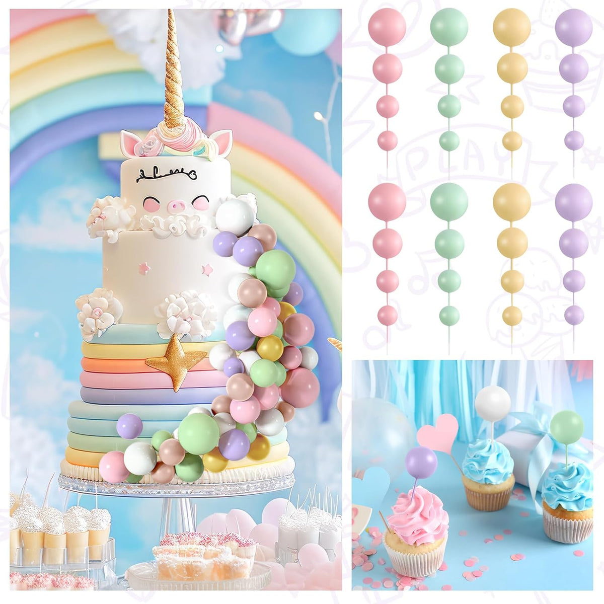 48 Pcs Balls Cake Topper Decorations Balloon Cupcake Toppers Foam Cake Topper Balls Cake Balls Decorations for Birthday Party Wedding Cake Decorating(Pink,Green,Yellow,Purple,Brown,White)