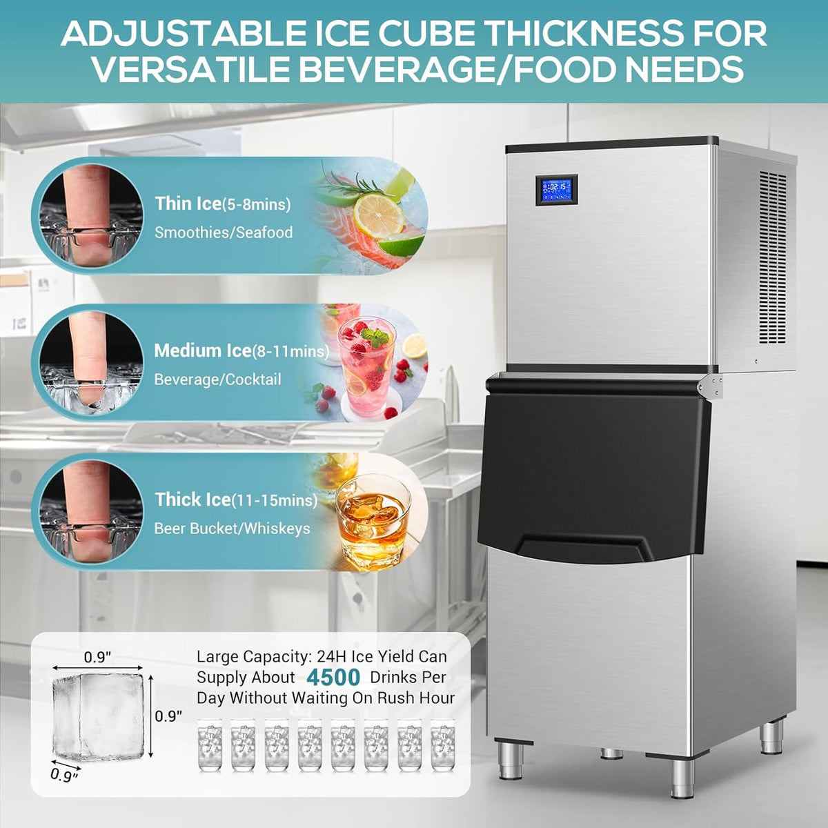 Commercial Ice Maker Machine 430Lbs/24H, Industrial Ice Machine 350 Lbs Storage Bin, 156PCS Clear Ice Cubes in 11 Mins, Freestanding Stainless Steel Ice Maker for Restaurants/Bar/Large Families