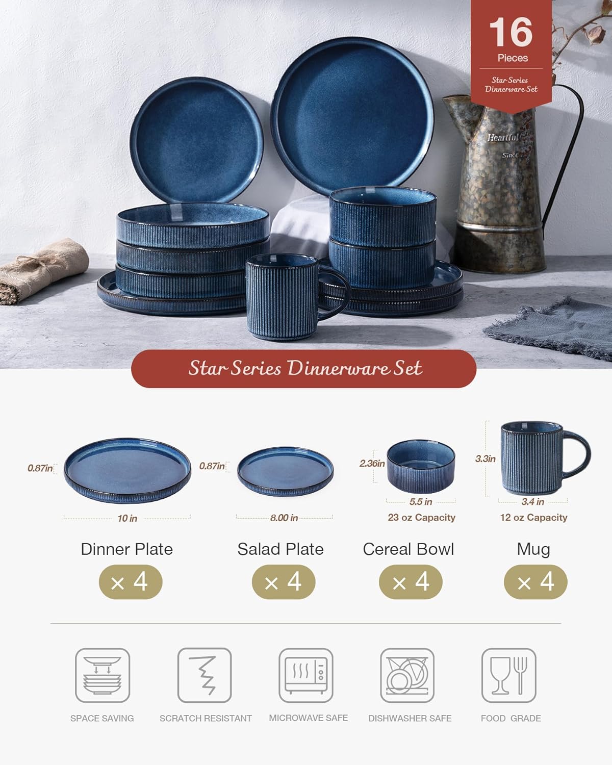Famiware Star Dinnerware Set with Mugs, Service for 4 (16pcs), Ribbed Stoneware Plates and Bowls Dishes Sets - Chip & Scratch Resistant, Microwave & Dishwasher Safe, Nebulas Blue