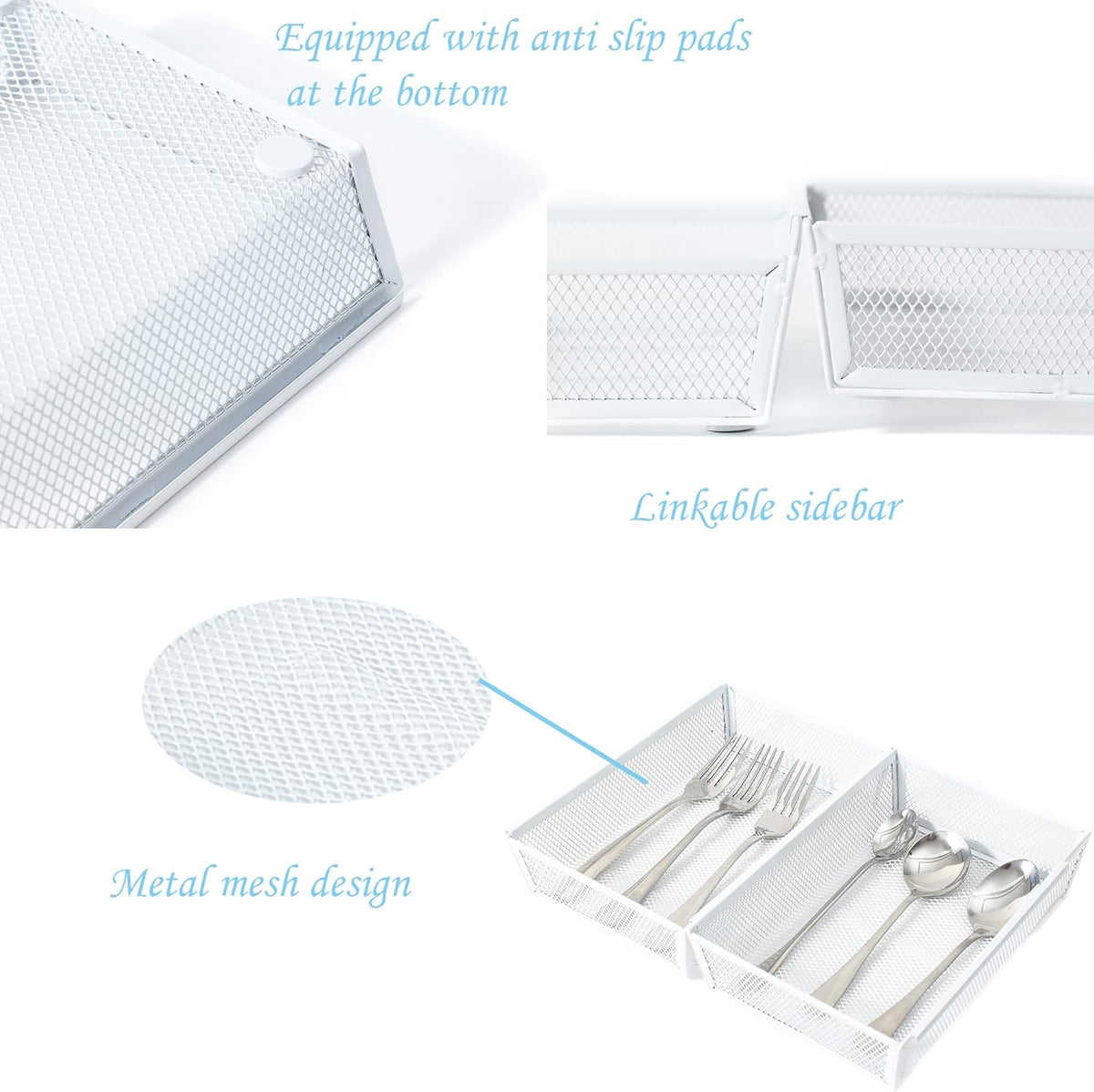 Mesh Tray Kitchen Drawer Utensil Cutlery Tray Office Supplies with Inter-locking Arm Drawer Dividers Organizer for Silverware, Flatware, Home,Office, School,Bedroom(9＂X6＂4pack) White