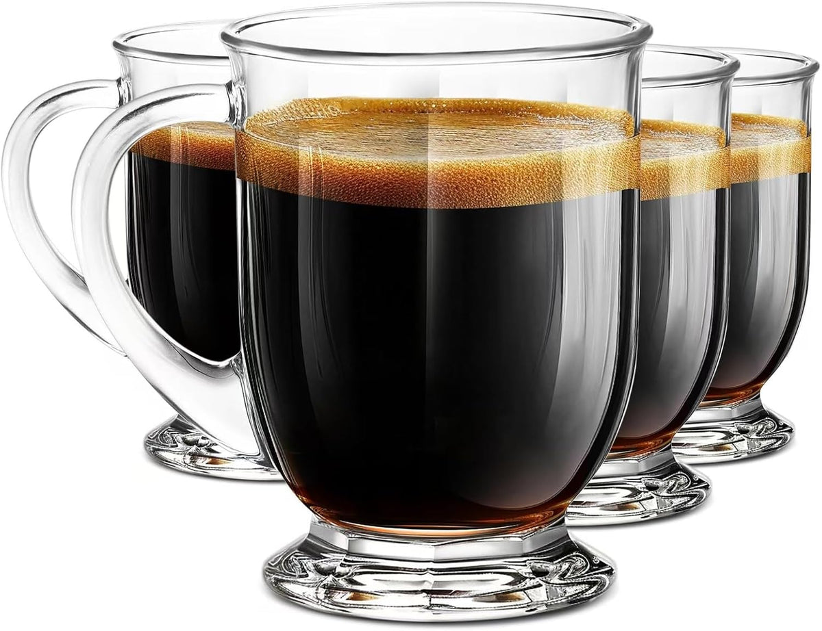 Glass Coffee Mugs Set of 4, 16 OZ Large Clear Glass Beer Cups with Handle,Striped Mug for Hot Beverages,Tea, Cappuccino, Latte, Espresso, Juice Mothers