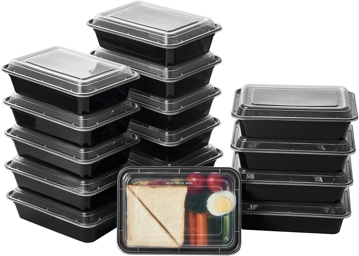 32 oz 50Pack Plastic Meal Prep Food Storage Containers with Lids Reusable 1 Compartment To Go Lunch Box Black Extra Large &Thick Microwave Freezer Safe BPA Free Stackable (Formerly FULING)