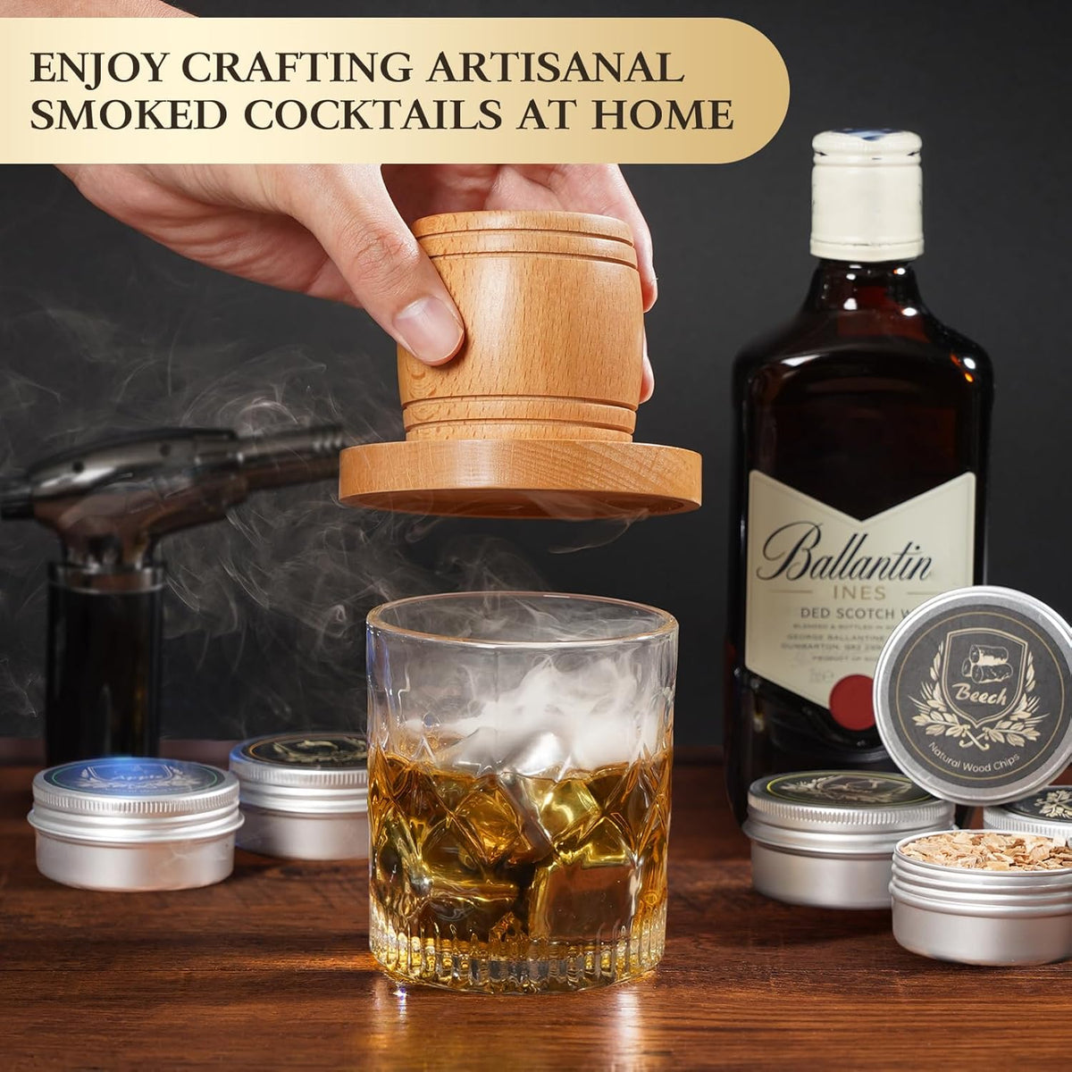 G GOOD GAIN Whiskey Smoker Kit with Torch - Old Fashioned Cocktail Smoker Kit with 6 Flavors Wood Chips | Drink Bourbon Infuser Set with 4 Stainless Steel Ice Stone for Men, Dad (No Fuel Included)