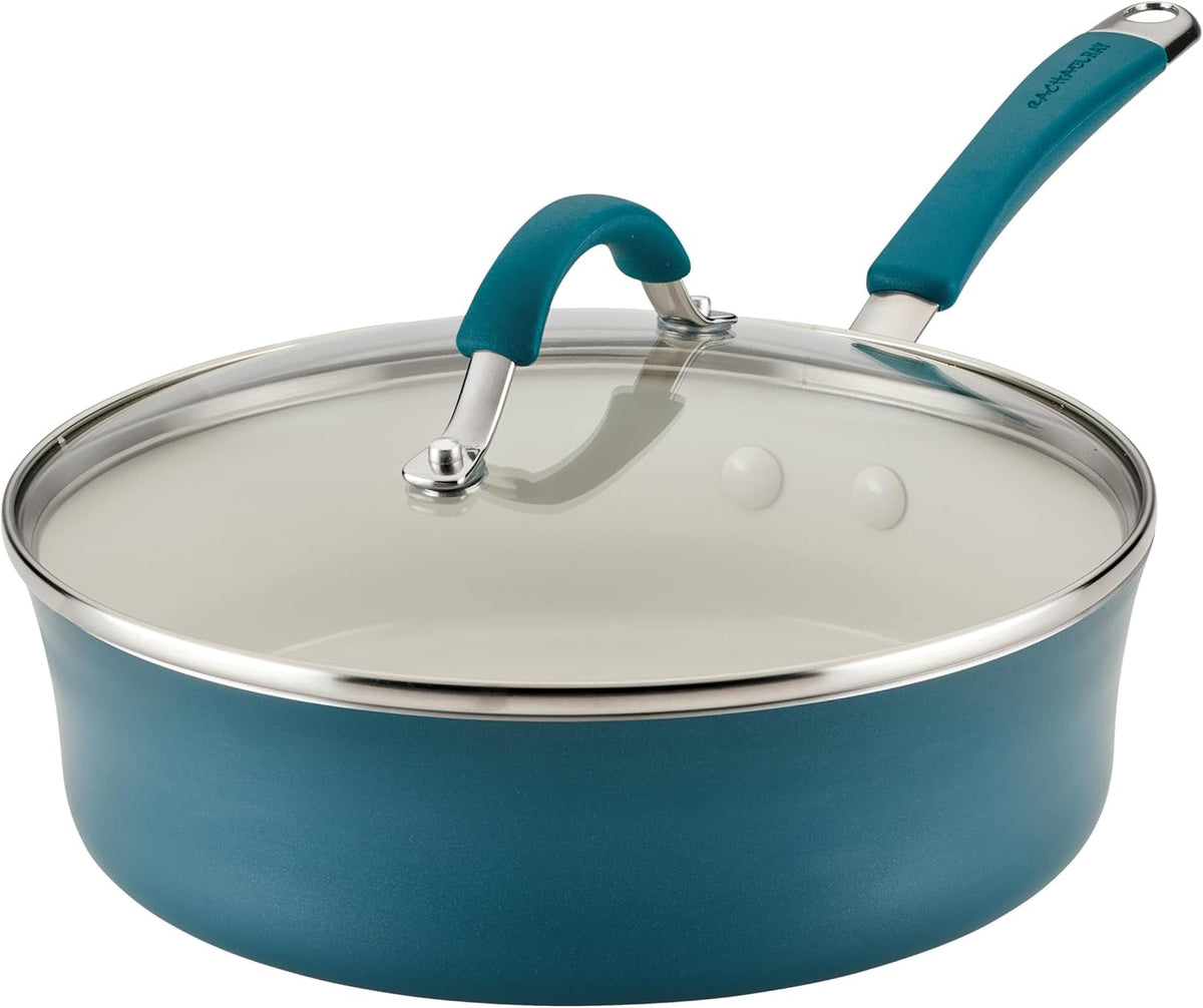 Rachael Ray Cucina Ceramic Nonstick Saute Pan with Lid, 3 Quart Non Stick Sauteuse Pan, Dishwasher Safe - Marine Blue