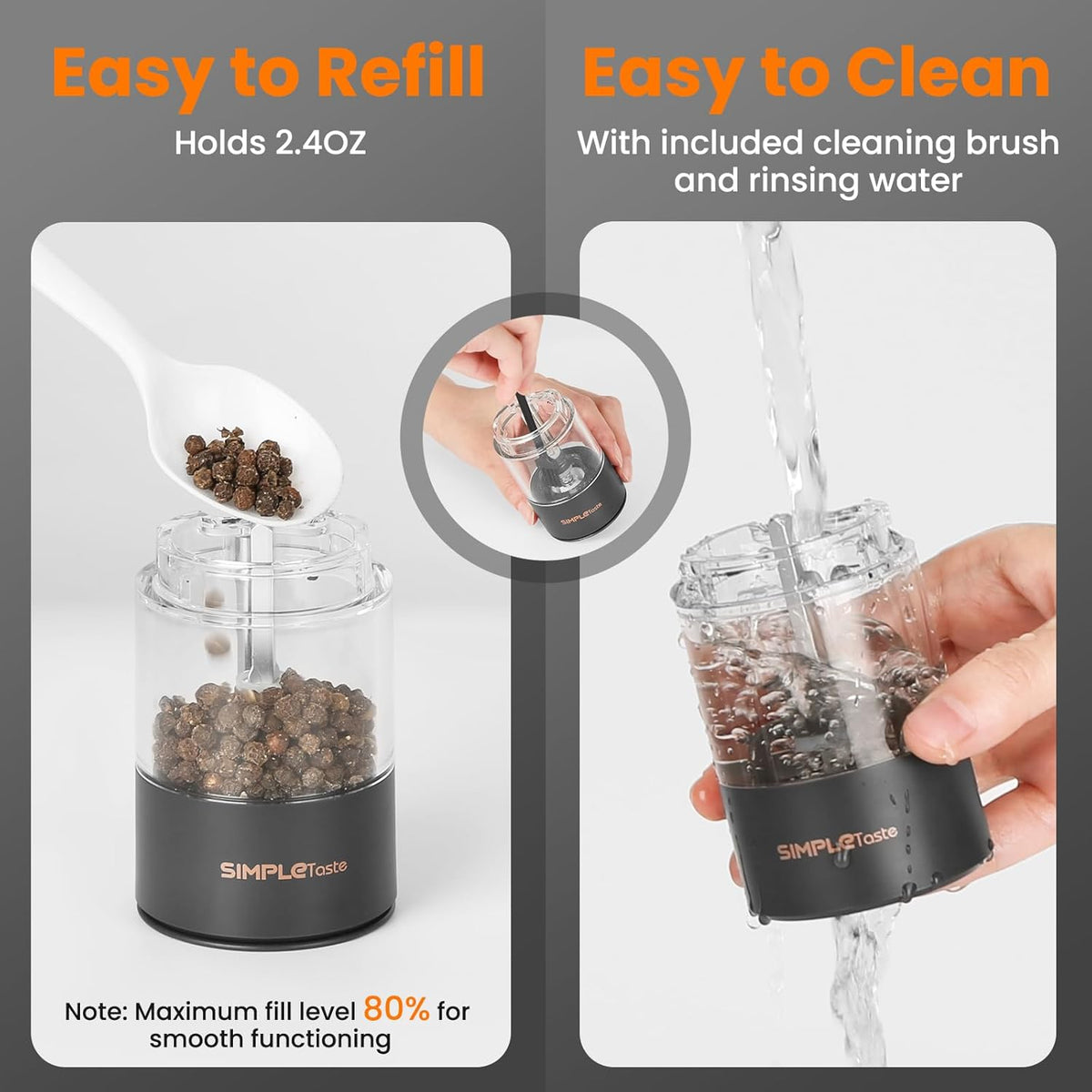 SIMPLETASTE Electric Salt and Pepper Grinder Set Rechargeable with LED Light and Dust Cover, Automatic Pepper Mill Shakers with Adjustable Coarseness, One Hand Operation for Kitchen, Dining, Gifting