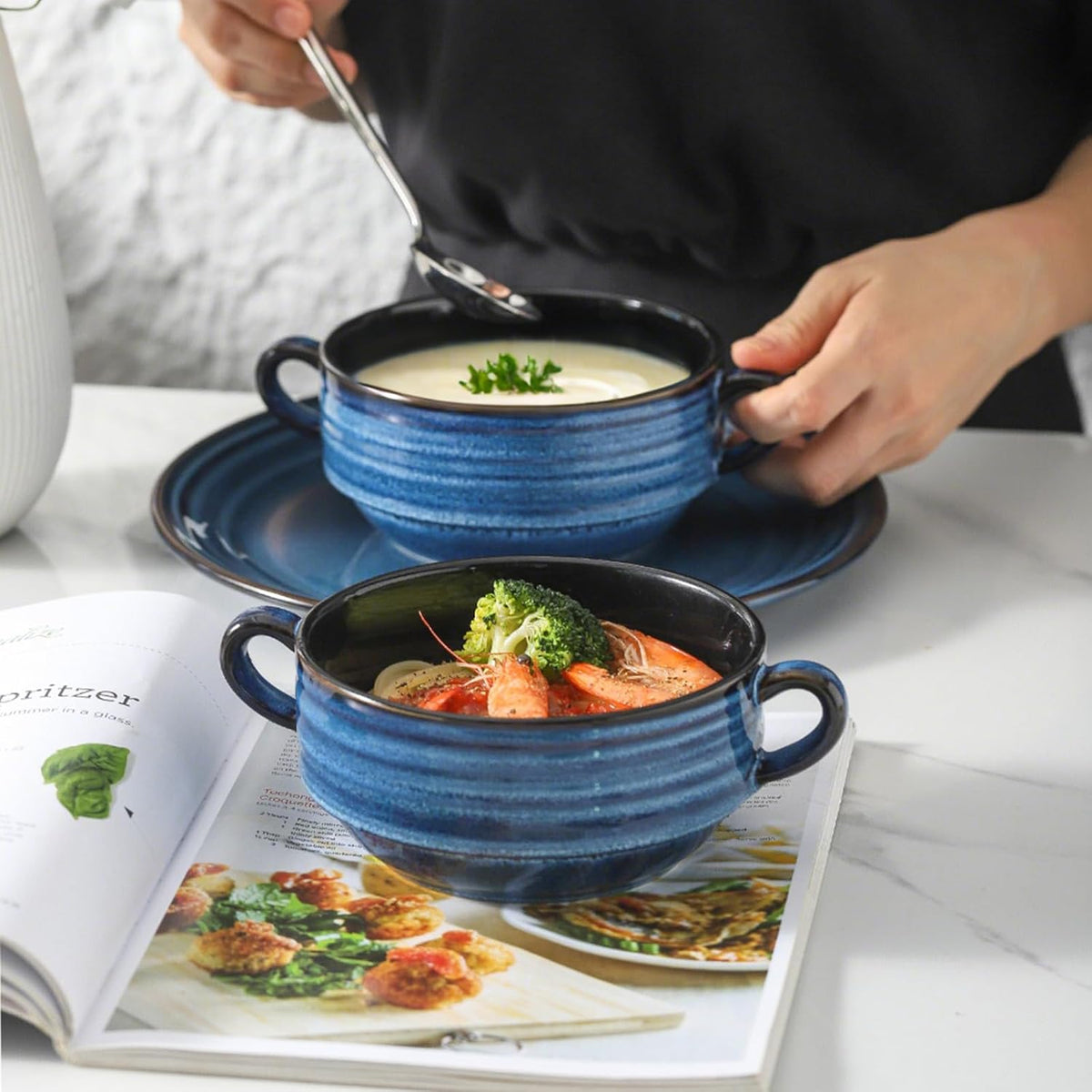 Hasense Soup Bowls, 20 oz French Onion Soup Bowls with Handle Set of 6, Serving Soup Crock for Stew, Pasta, Chili, Stackable Oven Safe Bowls, Microwave Dishwasher Safe, Blue