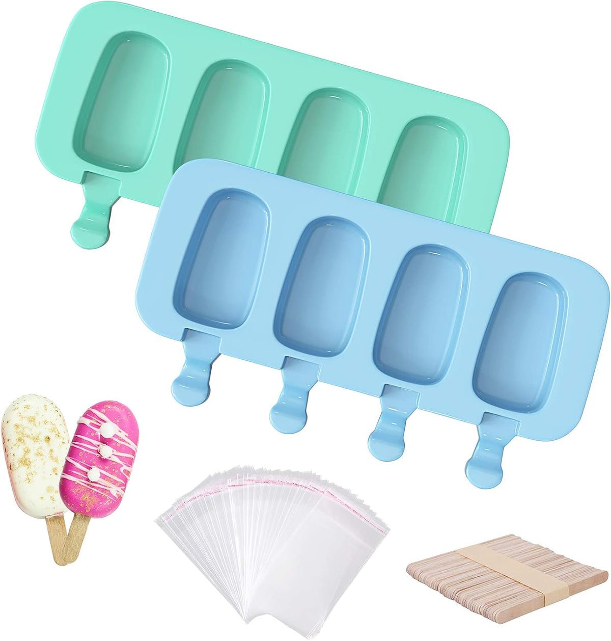 Ouddy Life Popsicle Molds Set of 2, Ice Pop Molds Silicone 4 Cavities Ice Cream Mold Oval Cake Pop Mold with 50 Wooden Sticks for DIY Popsicle, Green Blue