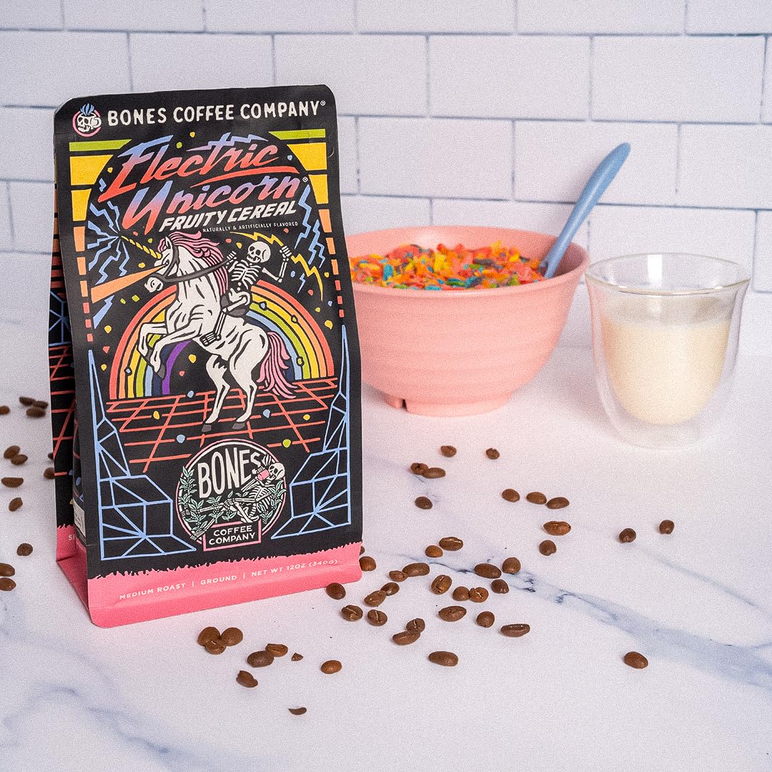 Bones Coffee Company Electric Unicorn, Fruity Cereal With Milk Flavored Coffee, Medium Roast Low Acid Arabica Beans Compatible with Auto drip and French Press Coffee Maker, 12 Oz Ground