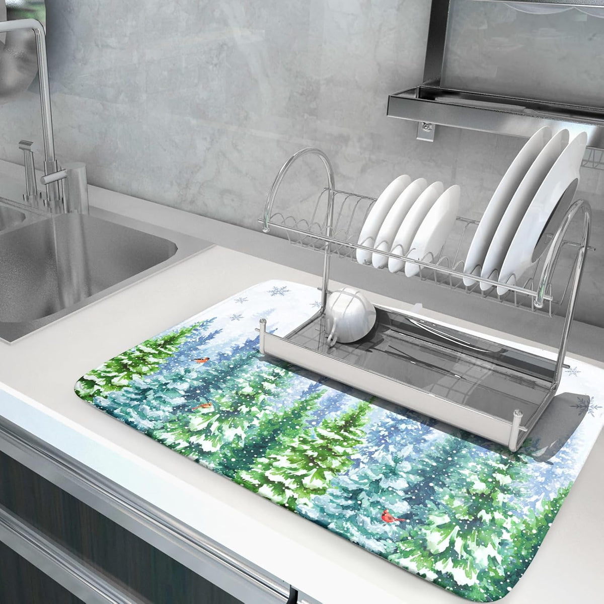 Winter Forest Dish Drying Mats - Snowflake Birds Dish Drainer Mat 18x24 Welcome Christmas Dish Draining Mat Watercolor Wildlife Tree Drying Pad for Kitchen Counter Sink