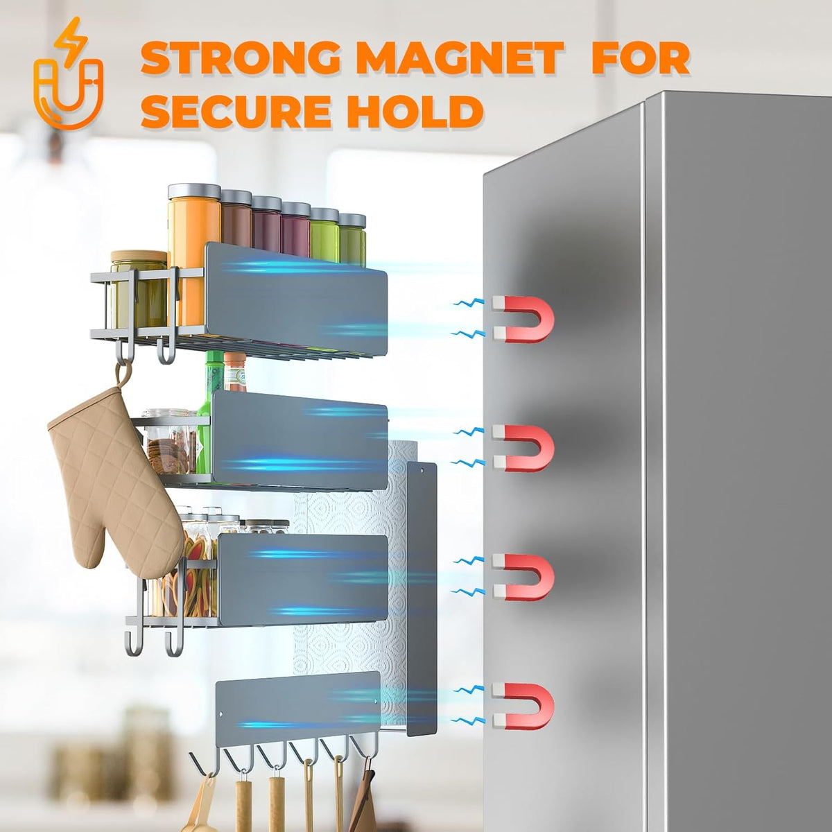 5 Pack Multifunctional Magnetic Shelves for Refrigerator Spice Rack & Washing Machine Organize, Include Paper Towel Holder, Kitchen Utensil Hanger and Hooks, Strong Magnet for Secure Hold (Gray)