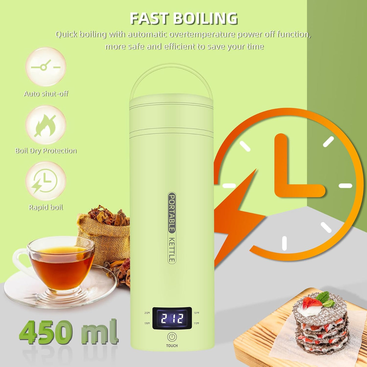 Travel Electric Kettle Portable Small Mini Tea Coffee Kettle Water Boiler, Water Heater with 4 Temperature Control,304 Stainless Steel with Auto Shut-Off & Boil Dry Protection, BPA-Free (Green)