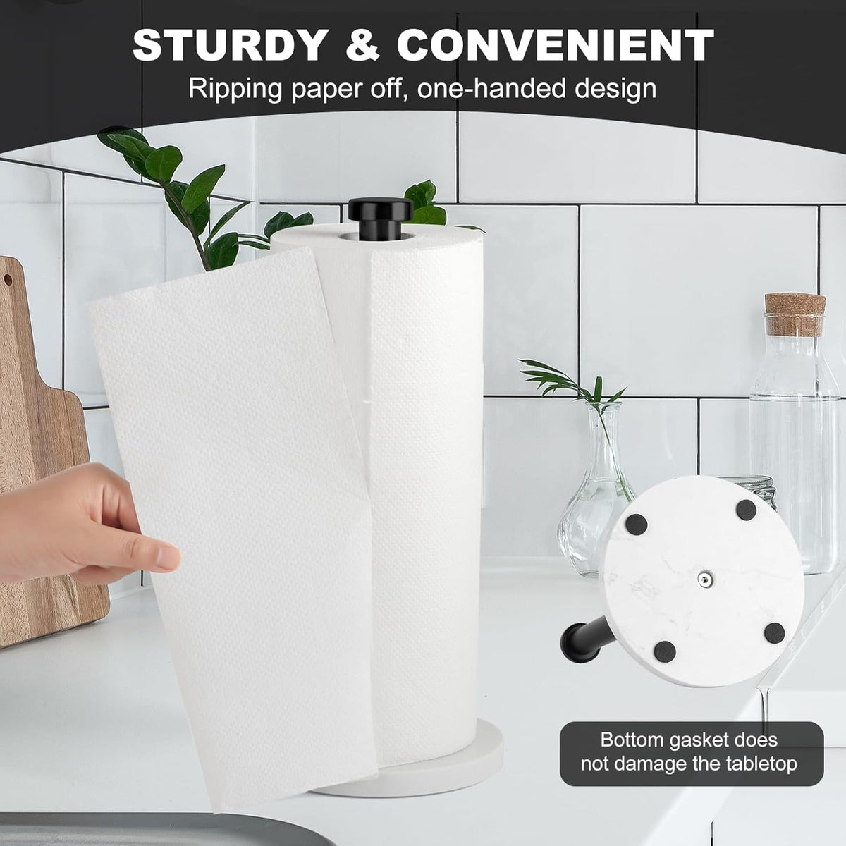 Standing Paper Towel Holder, Kitchen Paper Towel Roll Holder- for Bathroom Kitchen Countertop with Weighted Marble Base for One-Handed Operation (Black), Black Paper Towel Holder