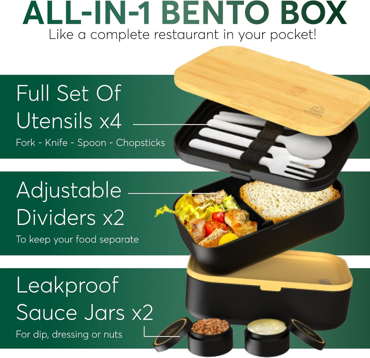 Umami Bento Box Adult All-In-1 w/4 Utensils, 2 Sauce Jars 2 Dividers, Bamboo Lid, 100% Leakproof, Microwave & Dishwasher Safe Stackable Bento Lunch Box Containers for Men/Women, Black Beige, 68 oz
