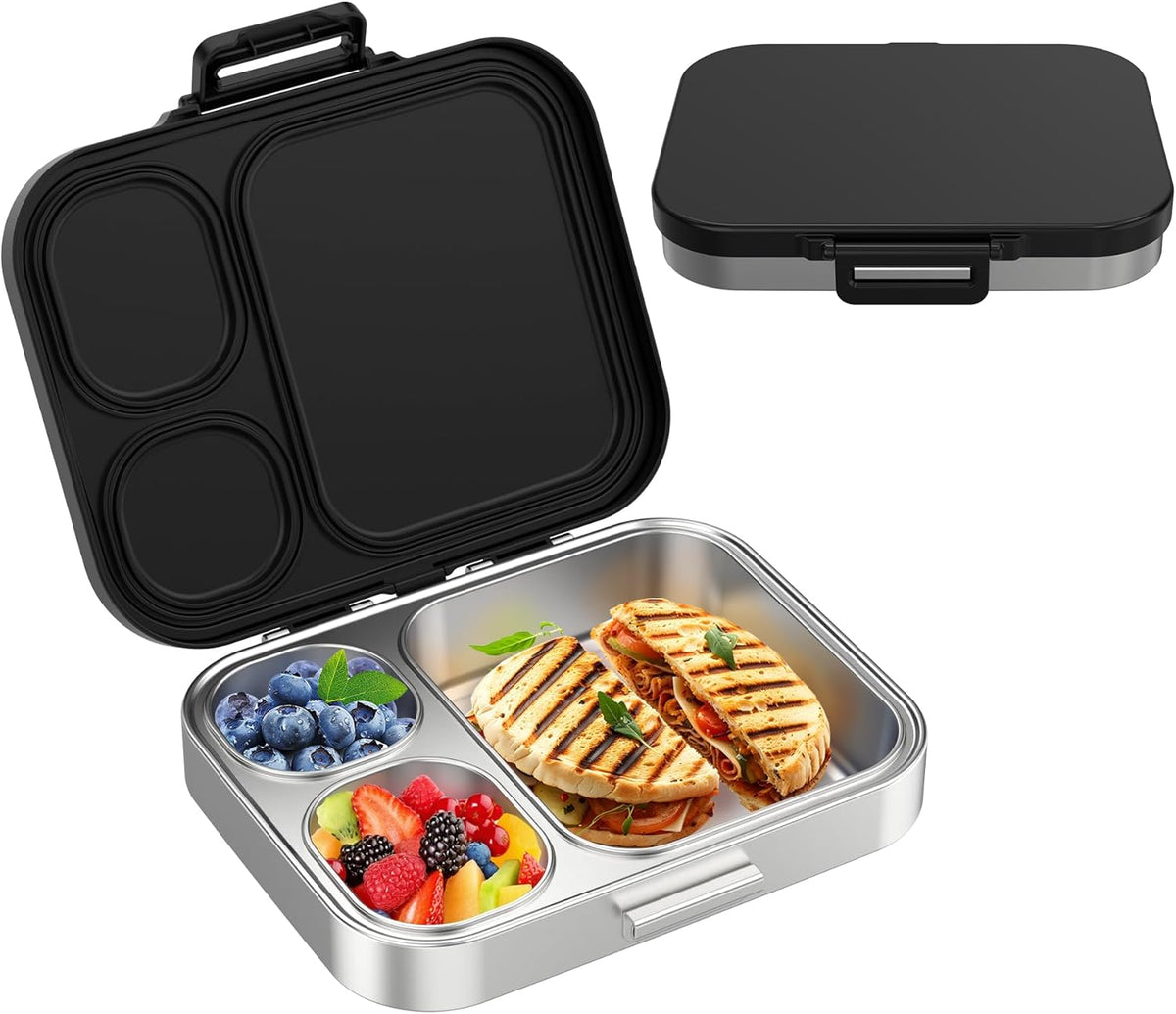 Stainless Steel Bento Lunch Box for Kids | 3-Compartment Lunch Box Container Kids | 100% Leakproof, Dishwasher-Safe, Eco-Friendly, Perfect Portion Control for Kids&Adult Healthy Meals (Black)