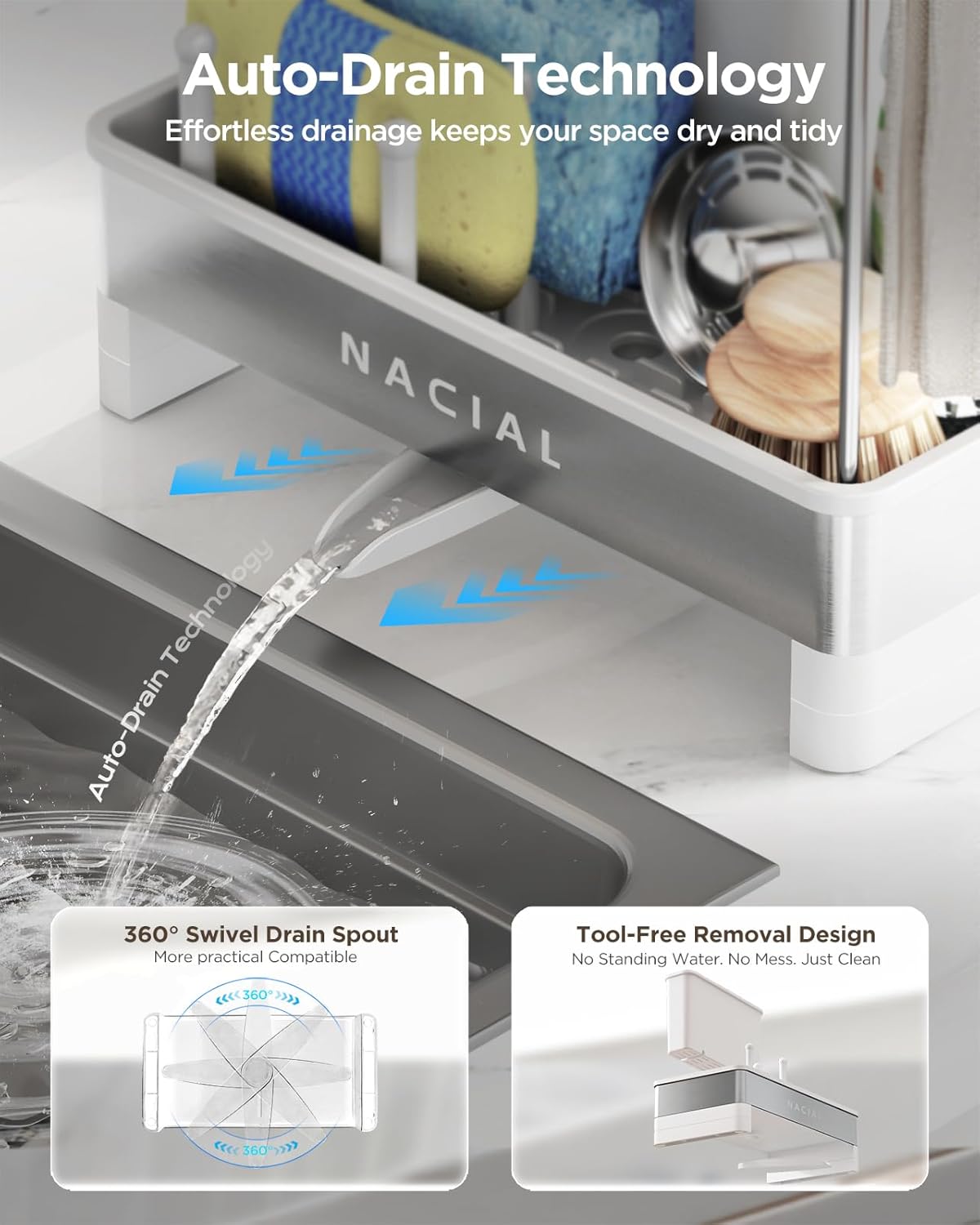 Nacial Sponge Holder for Kitchen Sink, Sink Caddy Organizer with High Brush Holder, Two Towel Racks & Soap Dispenser- Rustproof 304 Stainless Steel Kitchen Countertop Storage Essentials - White