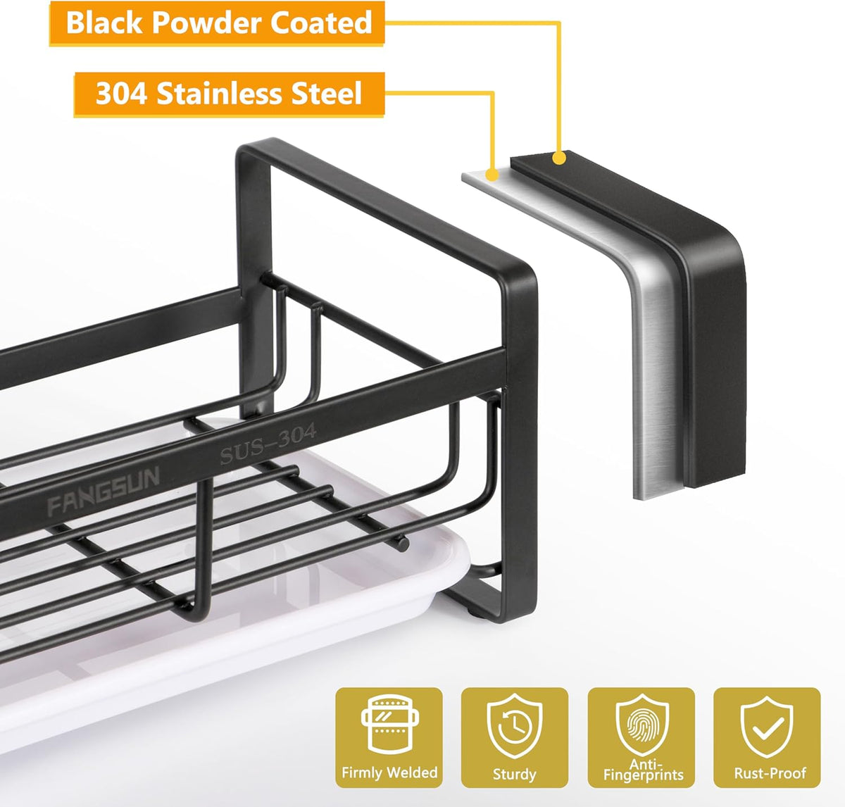 FANGSUN Large Sponge Holder for Kitchen Sink, 304 Stainless Steel Sink Caddy Organizer with Removable Drip Tray, Countertop Dish Soap Holder, Not Include Soap Dispenser, Black