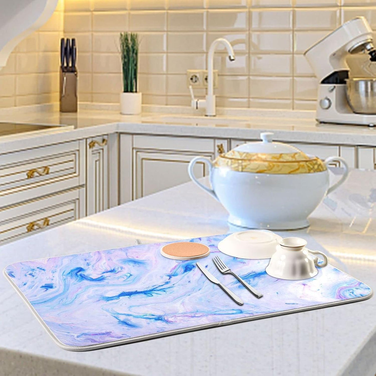 Super Absorbent Dish Drying Mat, Microfiber Fast-Drying Dish Mat, 24" x 18", Kitchen Dish Drying Pad, Marble Blue Pink