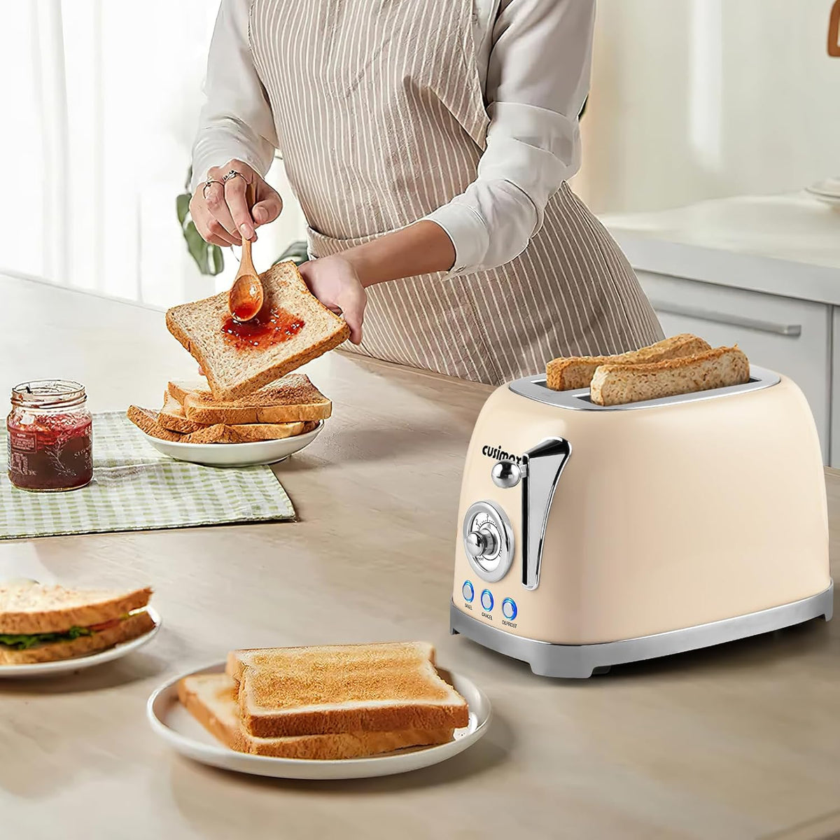 CUSIMAX Toaster 2 Slice with Extra Wide Slots for Bagels, Stainless Steel Retro Toaster with 6 Toast Settings and 4 Functions, Bagel, Cancel, Defrost & Reheat, Removable Crumb Tray, Cream