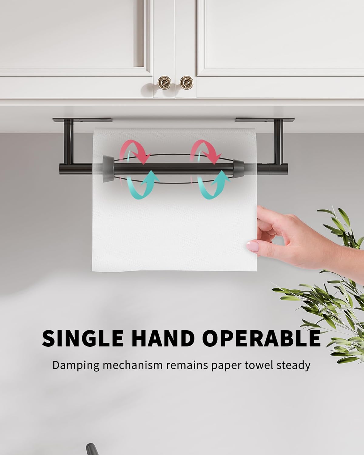 Paper Towel Holder Under Cabinet, Self Adhesive or Wall Mount Matte Black Hanging Paper Towel Holder with Damping Effect, Single Hand Operable, Stainless Steel for Kitchen Bathroom