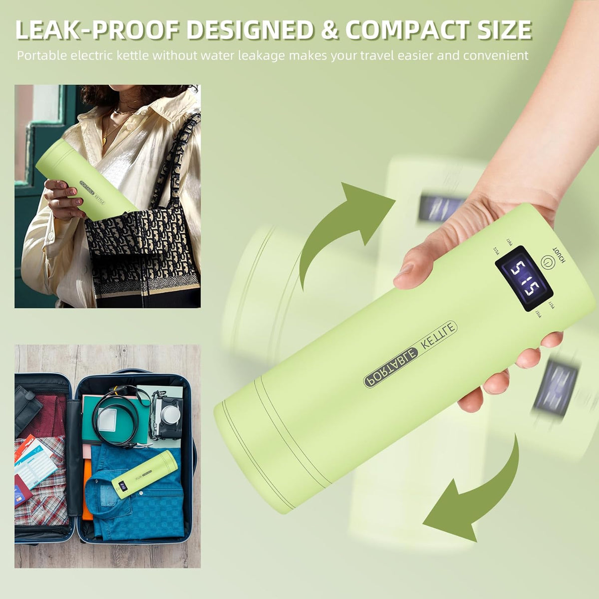 Travel Electric Kettle Portable Small Mini Tea Coffee Kettle Water Boiler, Water Heater with 4 Temperature Control,304 Stainless Steel with Auto Shut-Off & Boil Dry Protection, BPA-Free (Green)