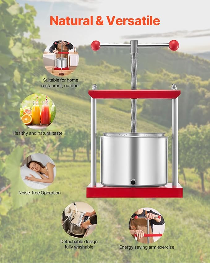 VEVOR 1.6 Gal/6L Fruit Wine Press, 2 Stainless Steel Barrels, Manual Juice Maker, Cider Apple Grape Tincture Honey Olive Oil Making Press with T-Handle for Outdoor Kitchen Home
