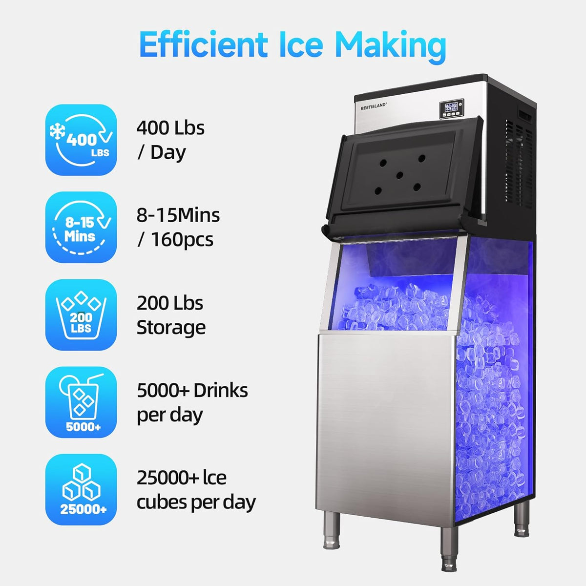 Commercial Ice Maker Machine, 360 lbs /24 h, 200 lbs Storage Bin, Industrial Ice Machine, Blue Light, Stainless Steel, Perfect for Bar/Home/Business