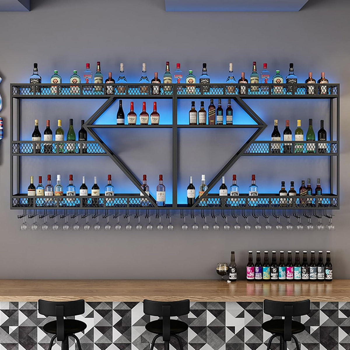 63in Metal Wine Rack Wall Mounted, Modern Wine Storage Rack Wall Mounted with Wine Glass Holder, Liquor Shelf, Bar Shelves for Liquor Bottles (3TIERS Black, 63 * 7.87 * 33.85INCH)