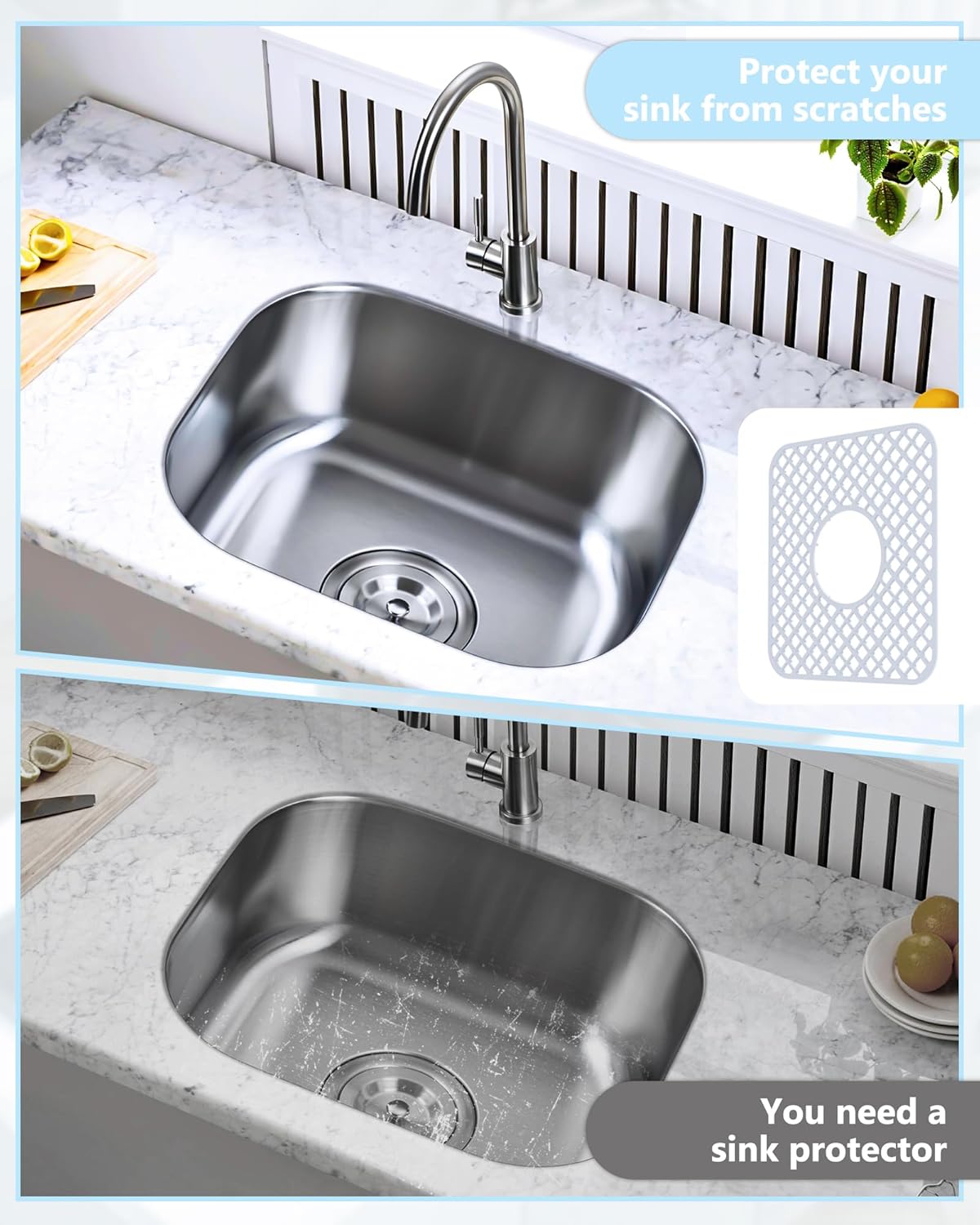 2 Pack Silicone Sink Protector for Kitchen Sink, Lozenge Pattern 13 x 11 inches Sink Grid Mat Silicone Protectors, Center Drain, White