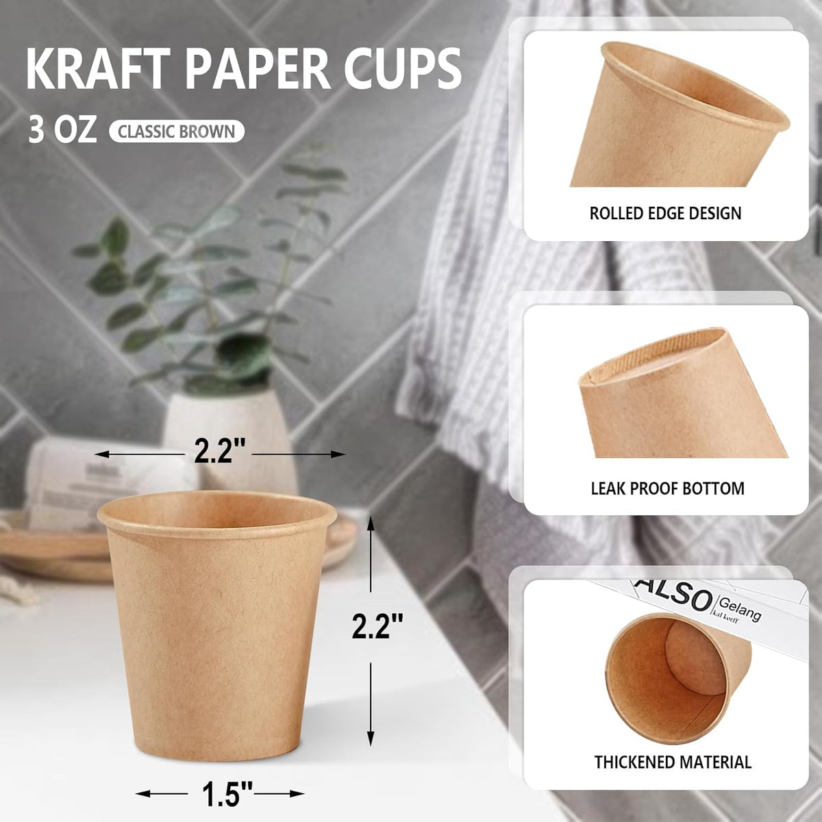 1200 Pack 3 oz Kraft Paper Cups, Disposable Bathroom Cups, Mini Mouthwash Cups, Hot/Cold Beverage Drinking Cup for Gargle Espresso Juice Medicine (Brown)