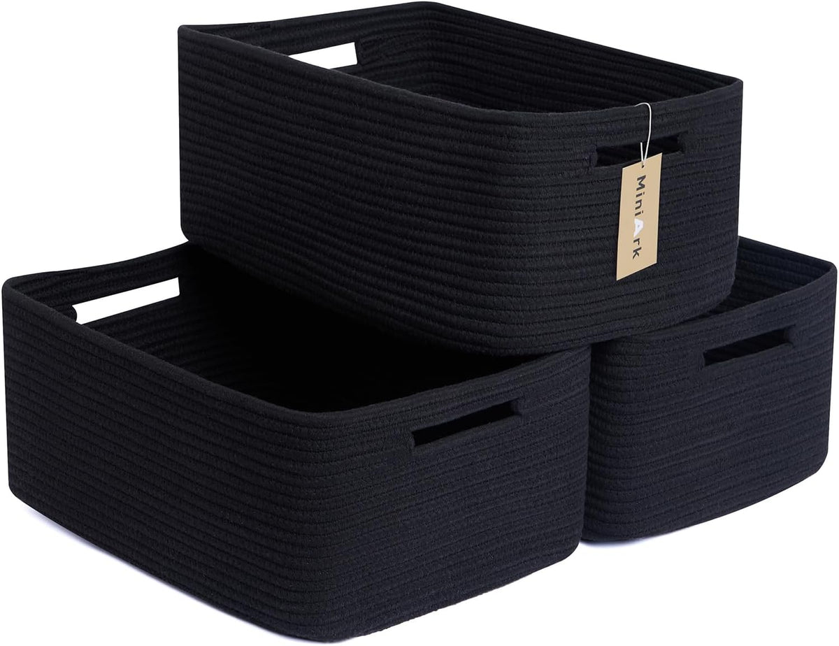 Large Storage Baskets for Shelves, Closet Organizers Bins for Clothes Blanket Towels, Baby Nursery, Toy Baskets Box, Woven Rope Baskets, 17 x 13 x 7.5”, 3 Packs Black