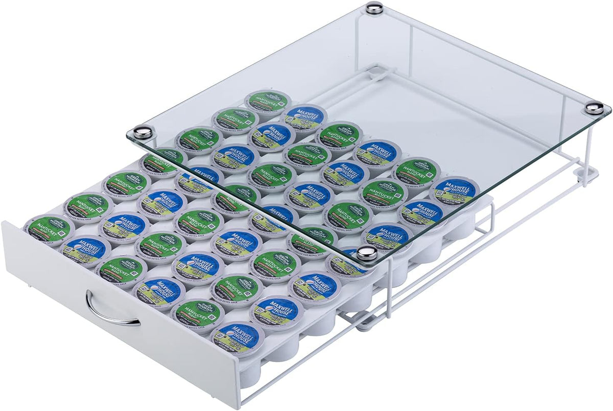 Rice rat K Cup Pod Holde Glass Top Drawer,Coffee Pod Holder Capsule Display Storage compatibility 42 k-cup(white)