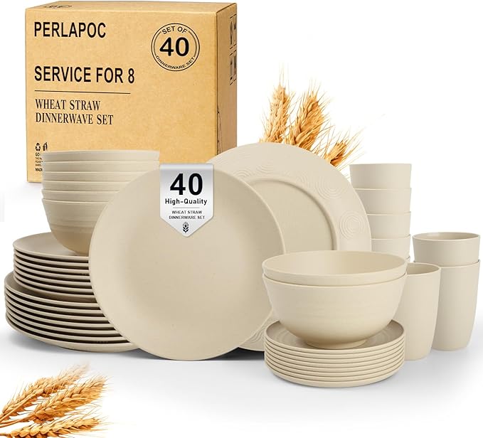 Dinnerware Sets 40 PCS Wheat Straw Plates and Bowls Sets With Cups Service for 8 Microwave Safe Dishes for Kitchen Lightweight Dish Set for RV Outdoor Activities Travel - Beige Colors