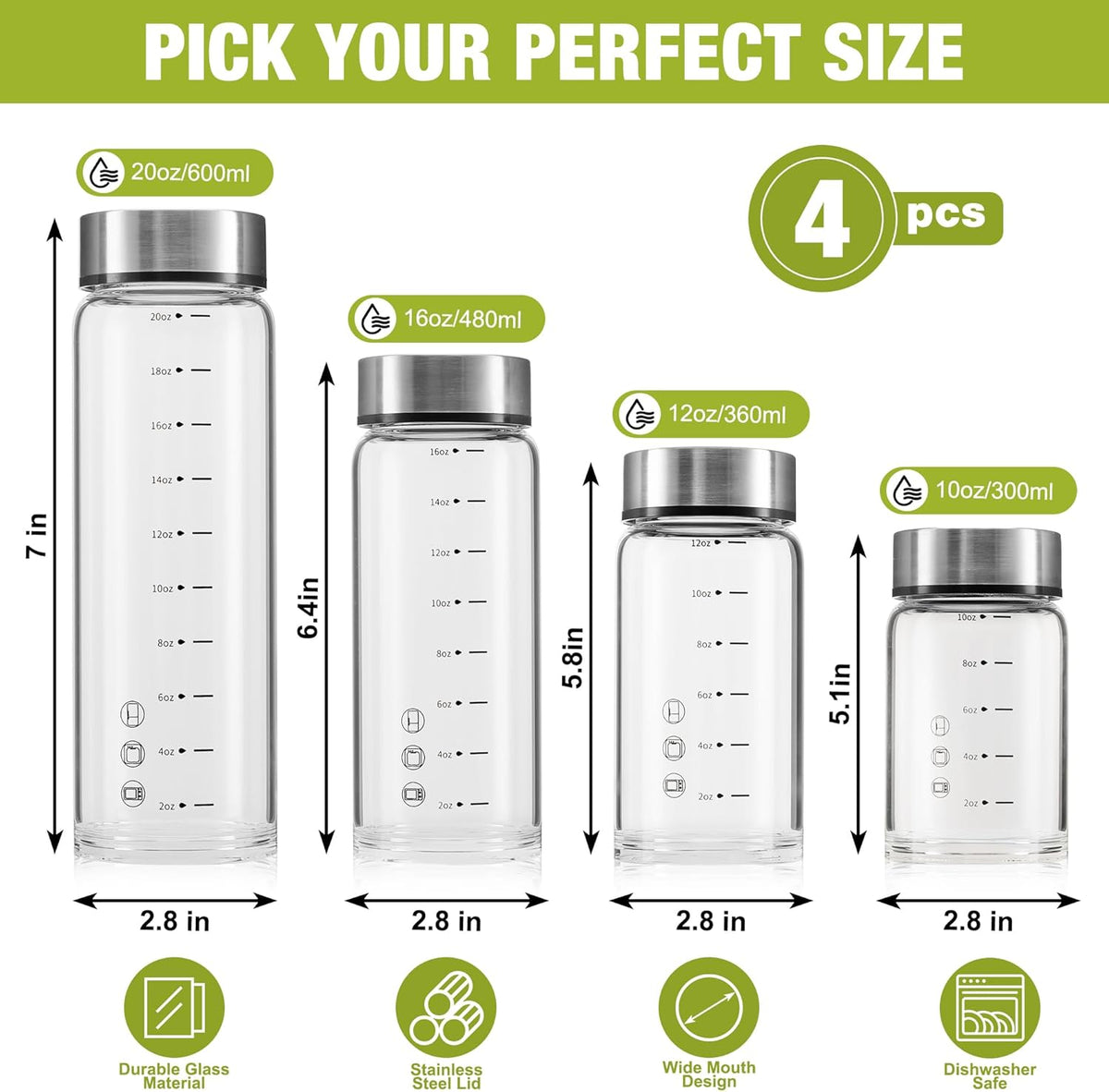 20oz Glass Juice Bottles – 4 Pack Reusable Wide Mouth Bottles with Stainless Steel Lids & Cleaning Brush, BPA-Free Water Bottles for Juicing, Smoothies, Milk, and Protein (600ml)