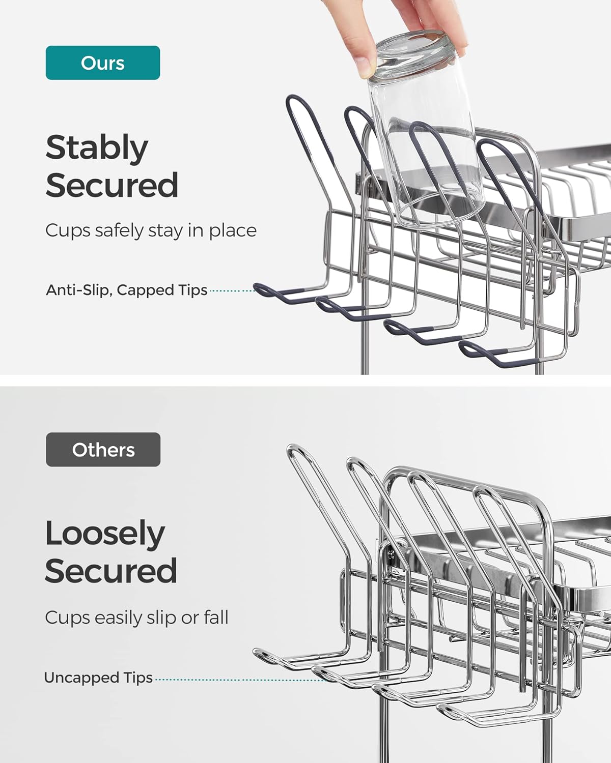 SONGMICS Dish Drying Rack - 2 Tier Dish Rack for Kitchen Counter with Rotatable and Extendable Drain Spout, Dish Drainer with Utensil, Cup, Glass, Cutting Board Holders, Silver and Gray UKCS032E01